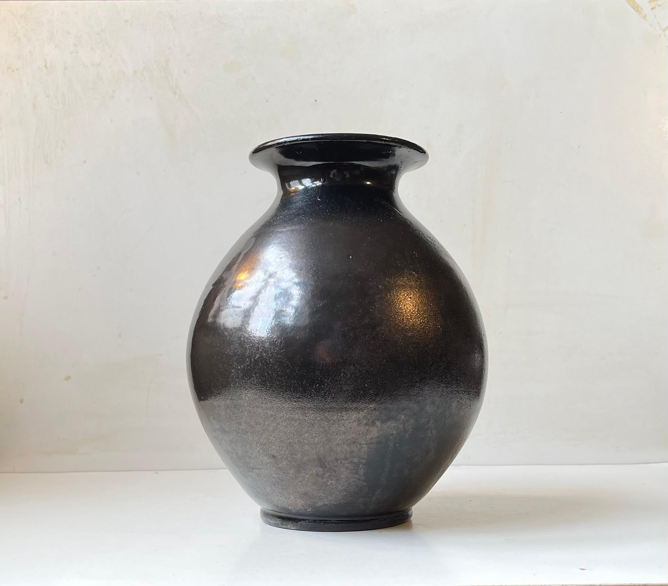 Danish Herman August Kähler Antique Ceramic Floor Vase in Black Lustre Glaze For Sale