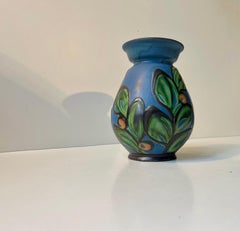 Herman August Kähler Blue Glazed Art Deco Earthenware Vase w. Flowers, 1930s