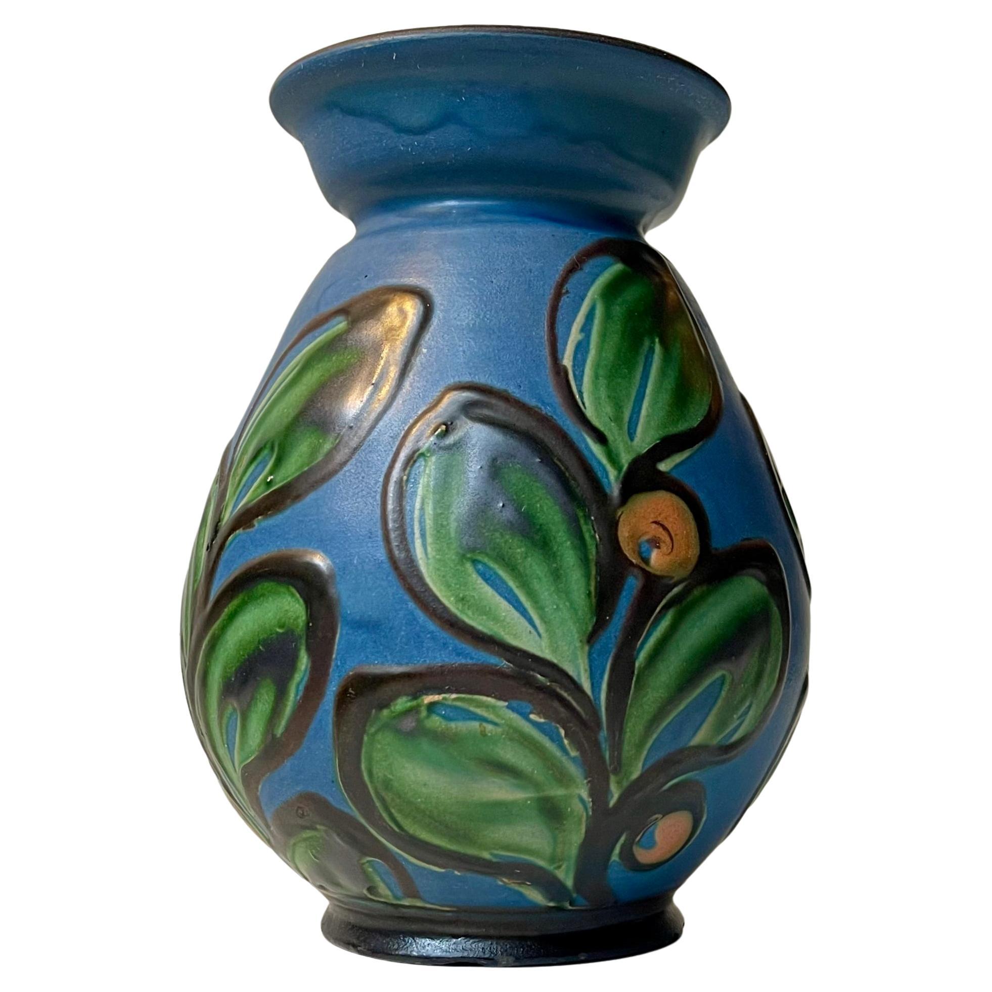 Herman August Kähler Blue Glazed Art Deco Earthenware Vase w. Flowers, 1930s For Sale