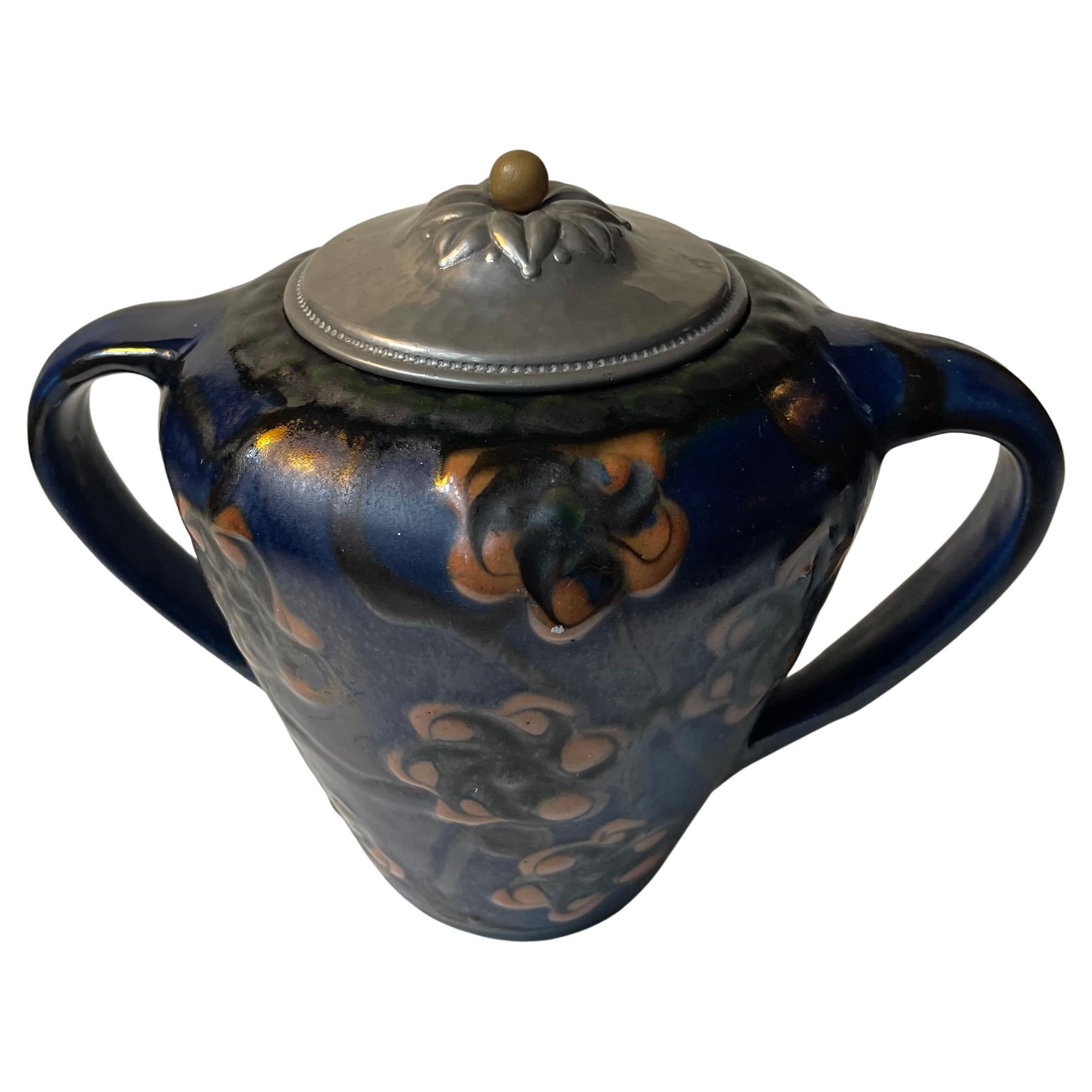 Herman August Kähler Glazed Ceramic Jugendstil Urn with Pewter Lid, 1910s For Sale