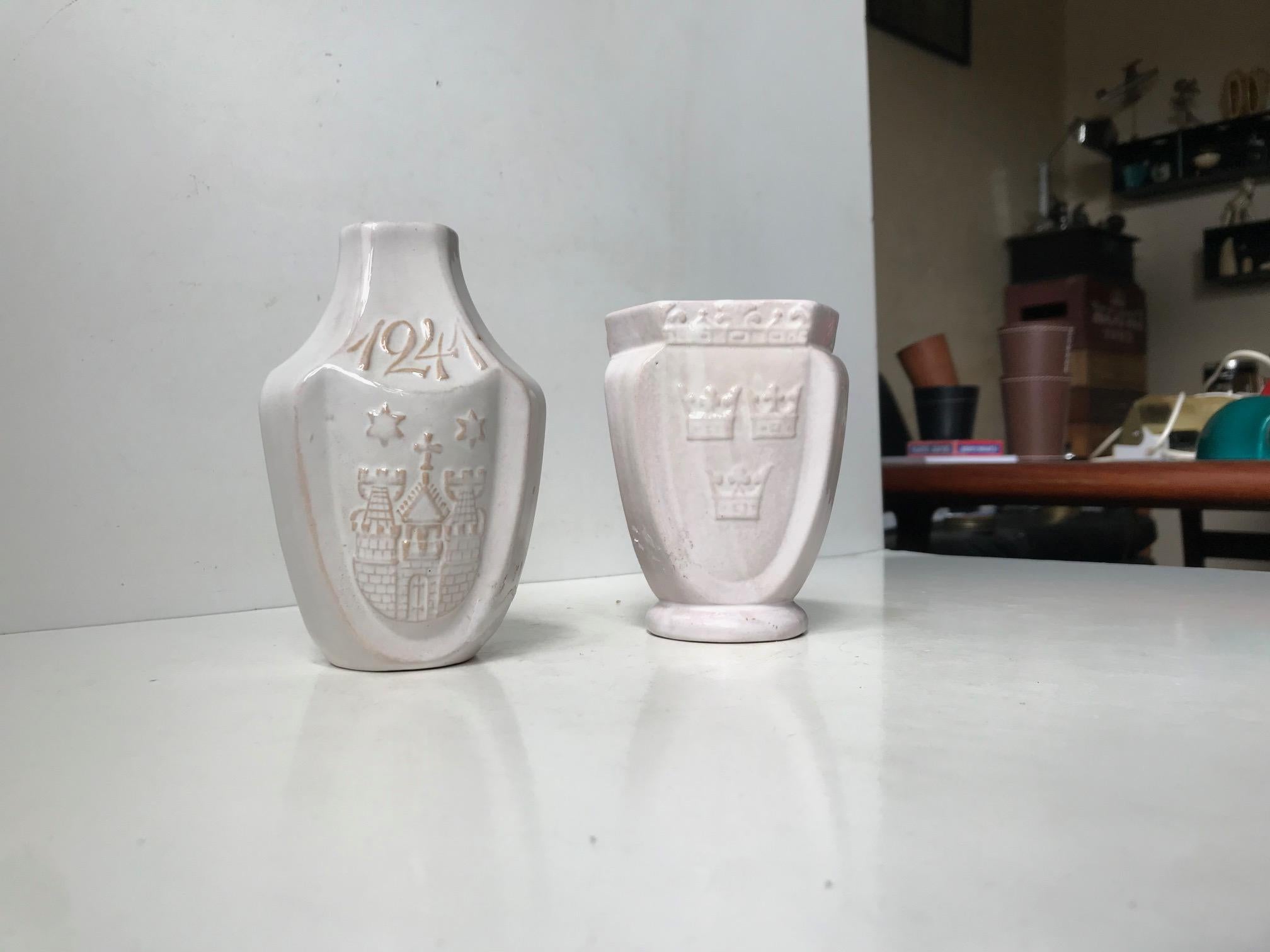 Danish Herman August Kähler Two Antique White Commemorative Ceramic Vases, 1900s For Sale