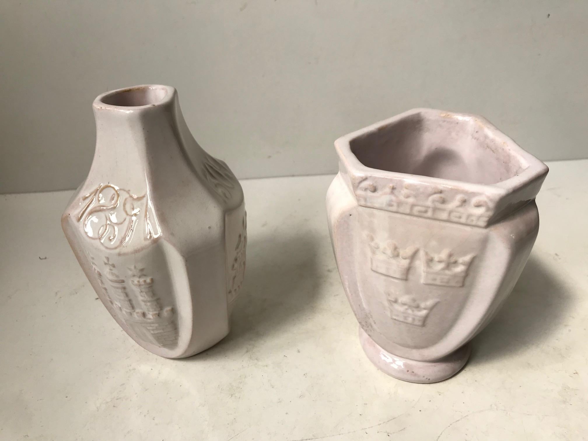 Early 20th Century Herman August Kähler Two Antique White Commemorative Ceramic Vases, 1900s For Sale
