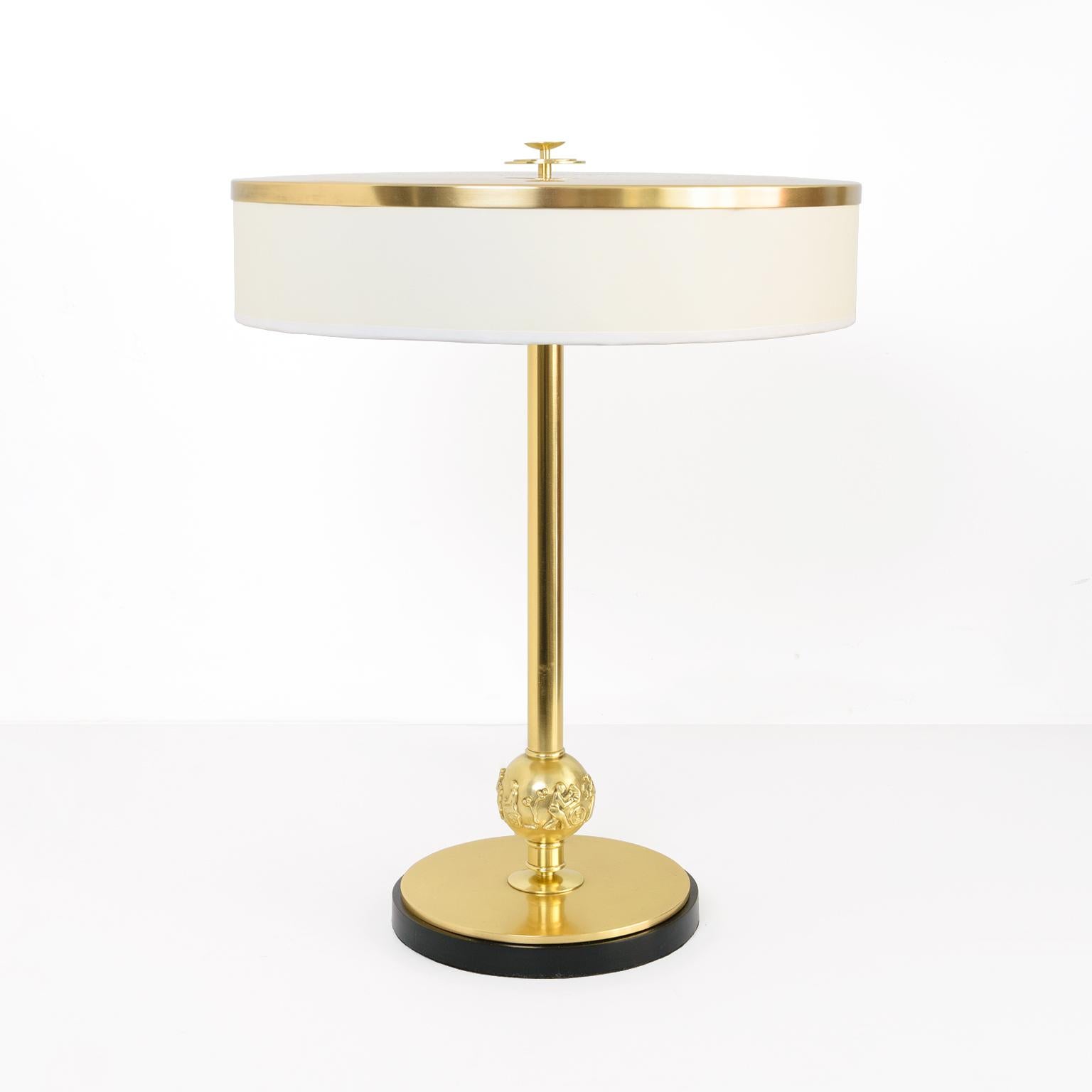Herman Bergman signed, Swedish Art Deco (Swedish Grace) polished brass column lamp. The lamp has been newly re-polished and lacquered, re-wired with a 