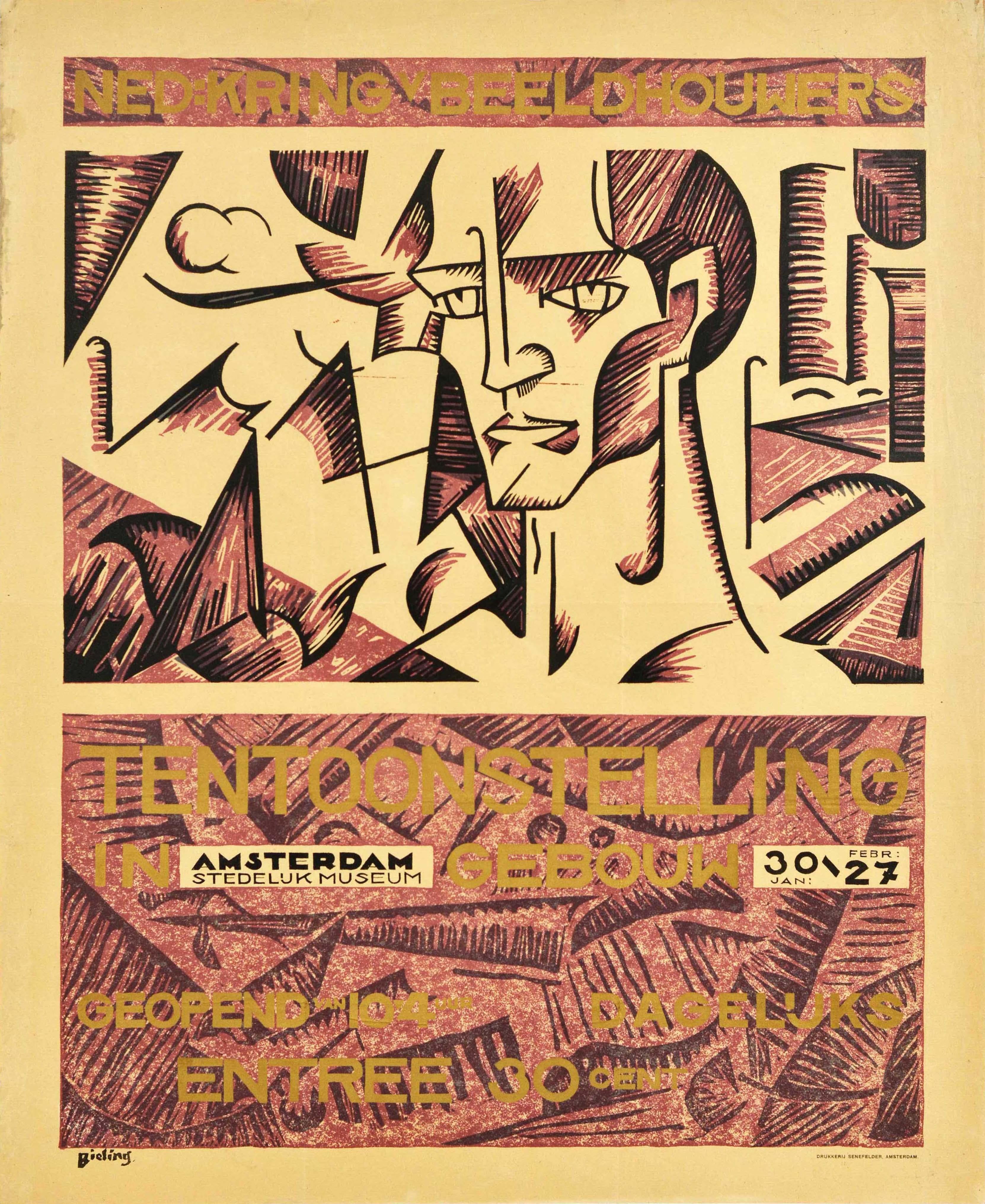 Manifesto pubblicitario originale d'epoca per la Mostra del Circolo degli Scultori Olandesi / Ned: Kring van Beeldhouwers Tentoonstelling allo Stedelijk Museum di Amsterdam, tenutasi dal 30 gennaio al 27 febbraio. Grande illustrazione dell'artista