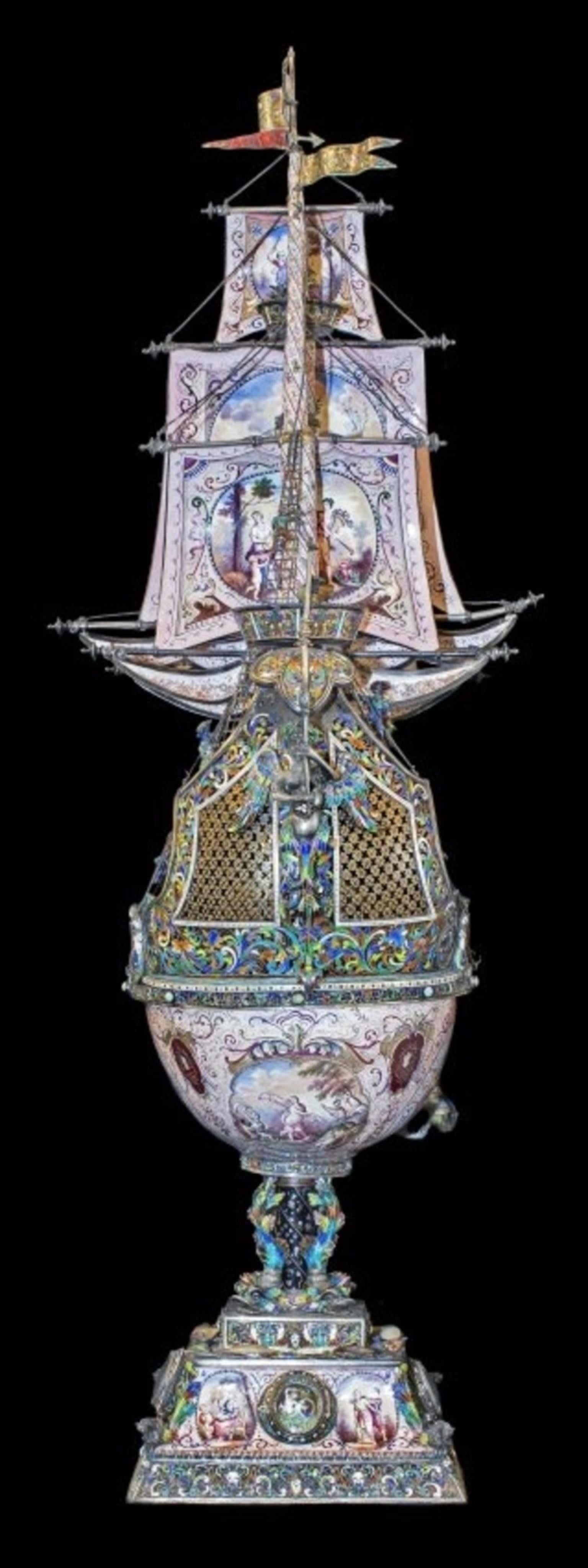 Important and extremely fine Herman Bohm Viennese silver and enamel Jewelled nef,
circa 1890. Stamped HB for Herman Bohm and Austrian control marks.
In two parts, the interior base of the vessel and the sails painted with allegorical