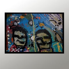 Colourful abstract expressionist painting of 2 faces, called 'Party time'