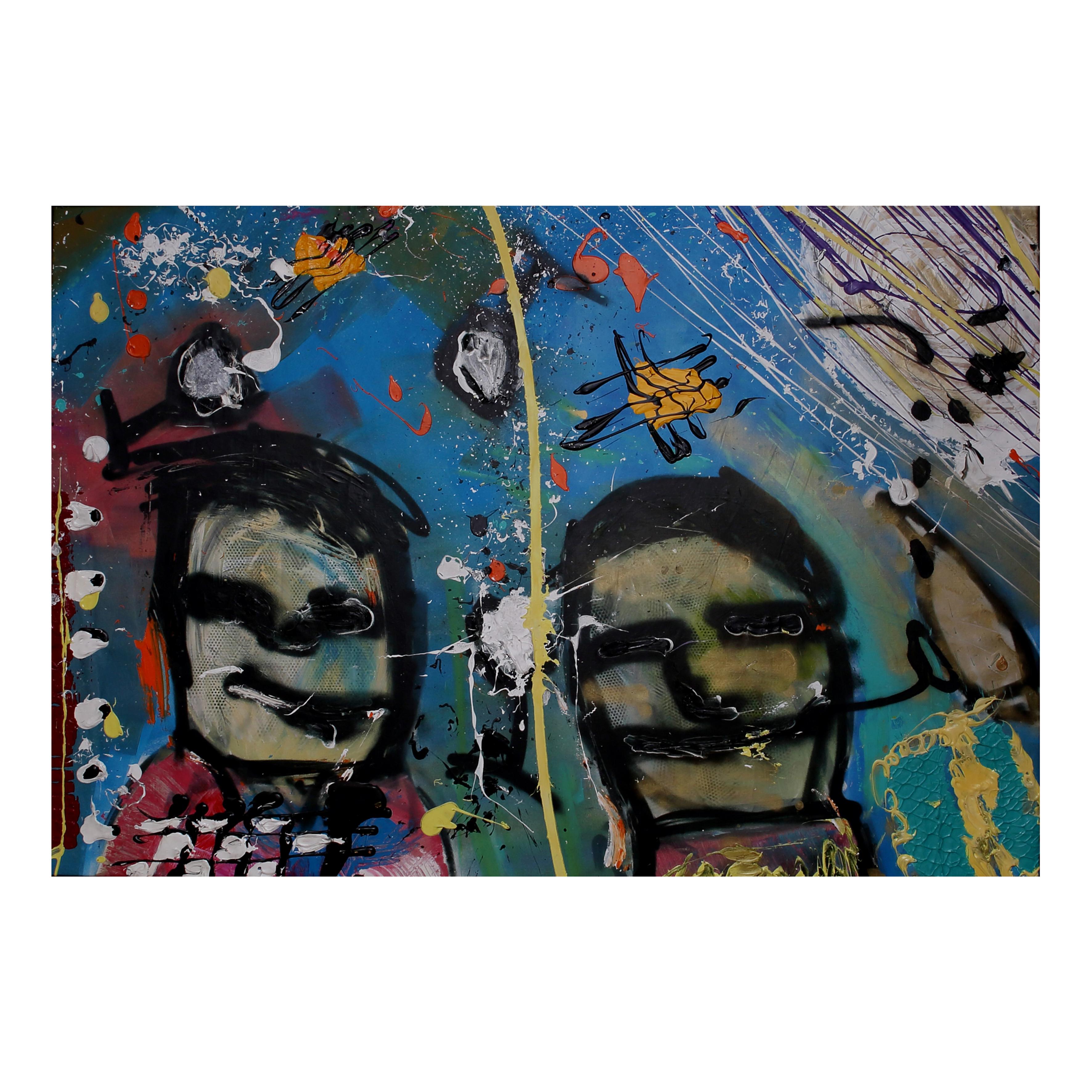 Herman Brood Abstract Painting - Colourful abstract expressionist painting of 2 faces, called 
Party time
