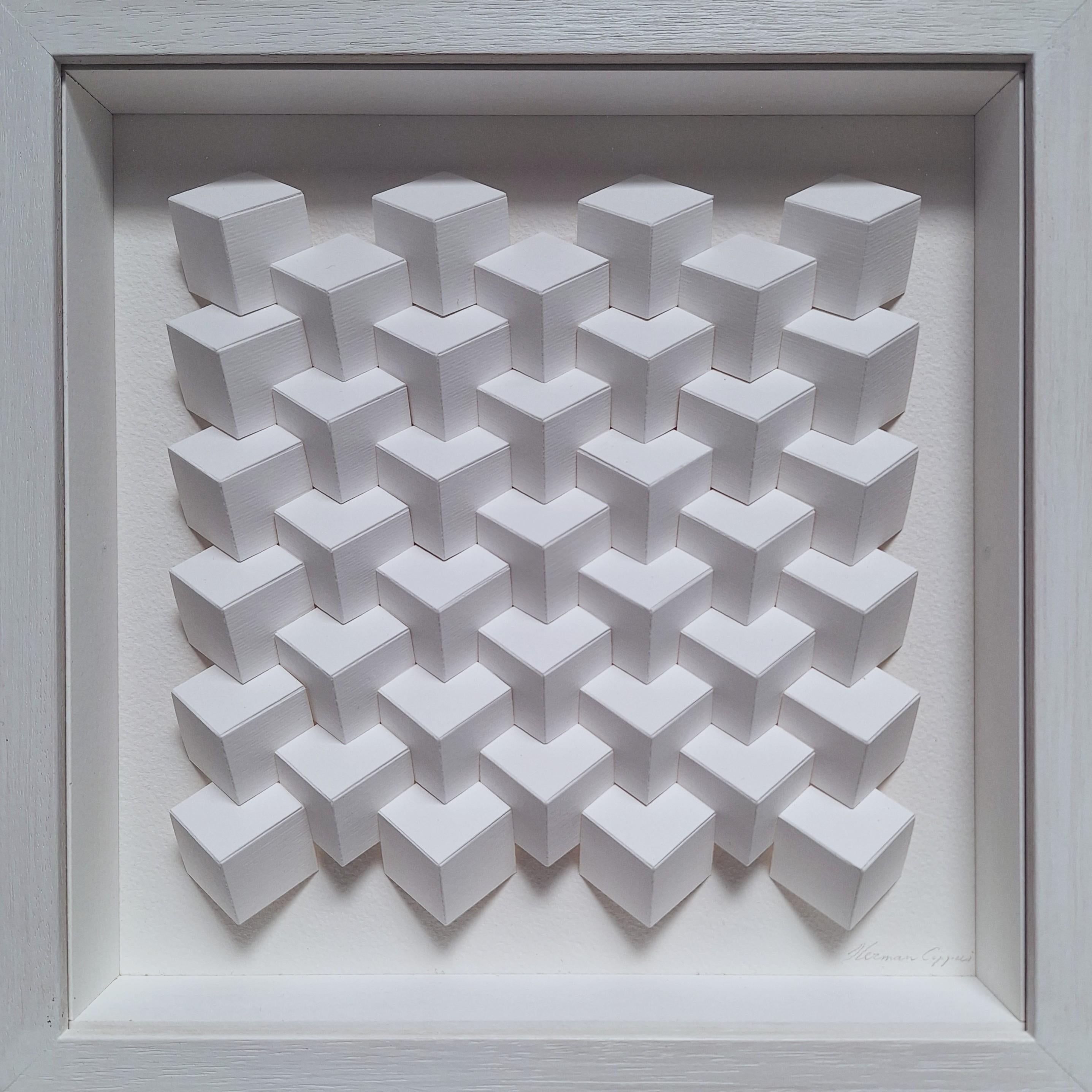 Composition de cubes blancs peinture moderne contemporaine relief no 221210 - Gris Abstract Sculpture par Herman Coppus
