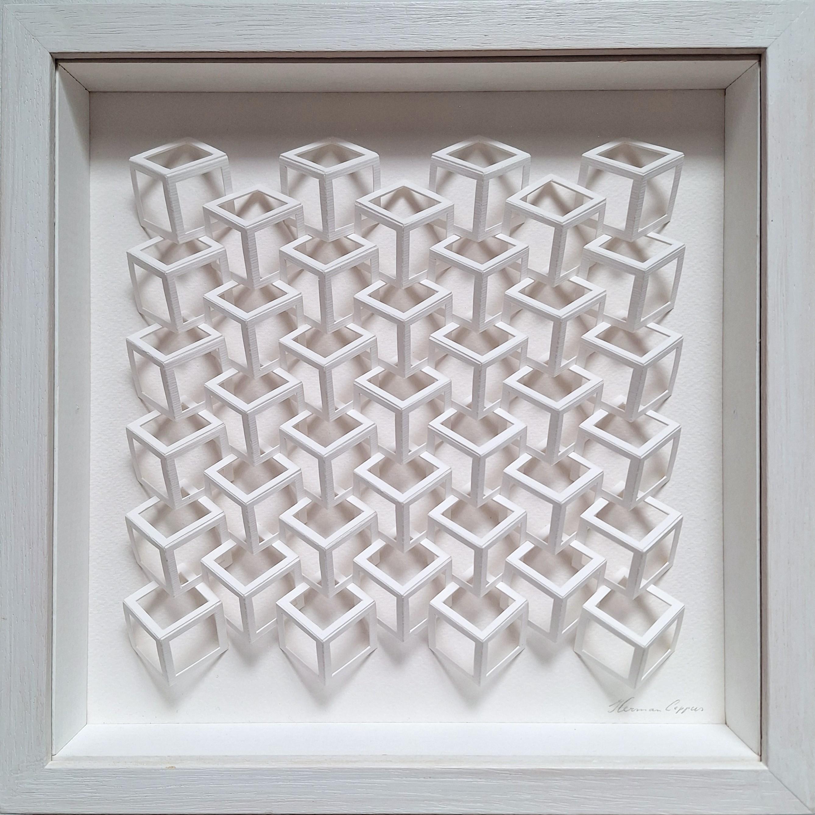 Composition de cubes blancs peinture moderne contemporaine relief no 221211 - Gris Abstract Sculpture par Herman Coppus