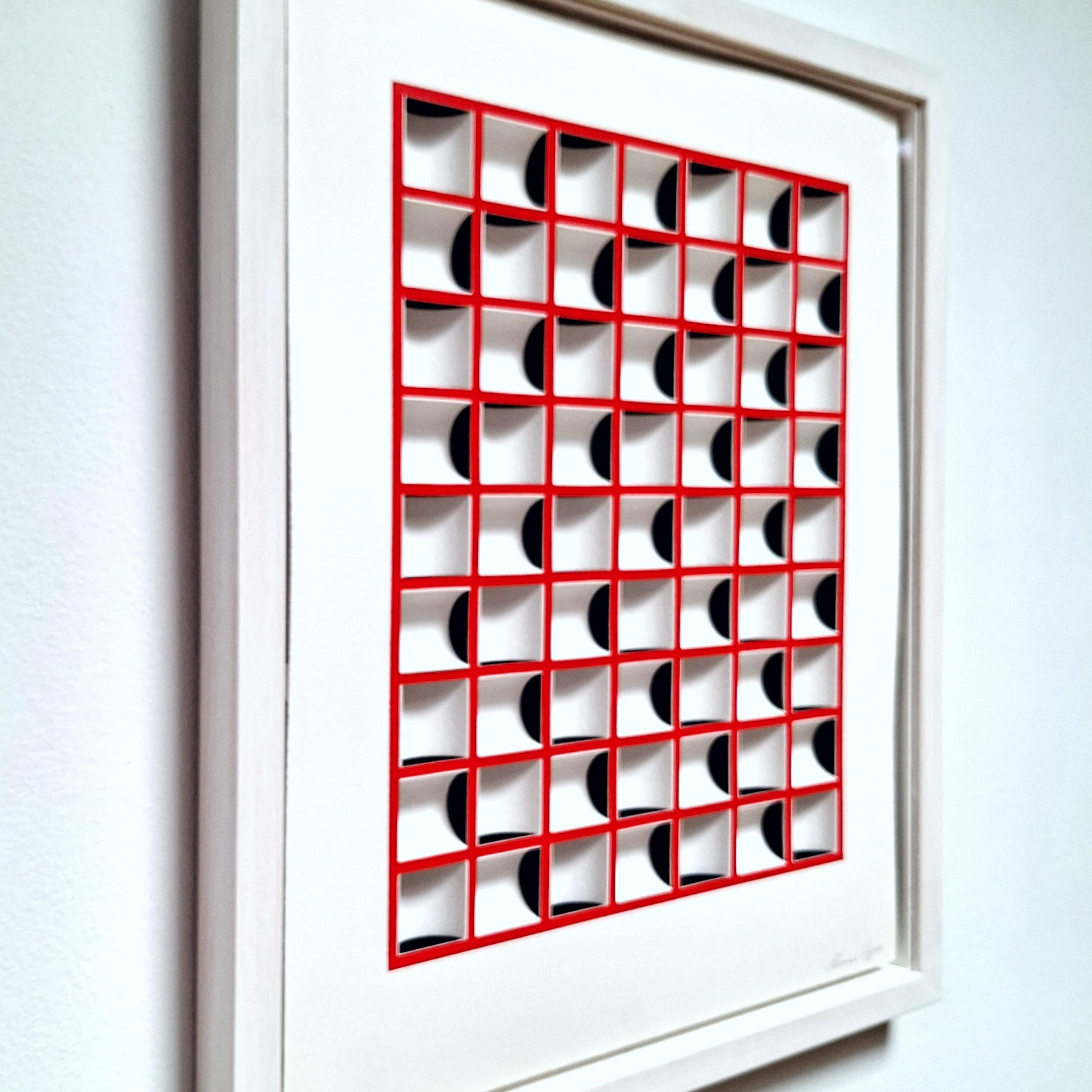 ZT 210213 - quadro geometrico astratto moderno e contemporaneo in bianco e rosso in rilievo - Painting Contemporaneo di Herman Coppus