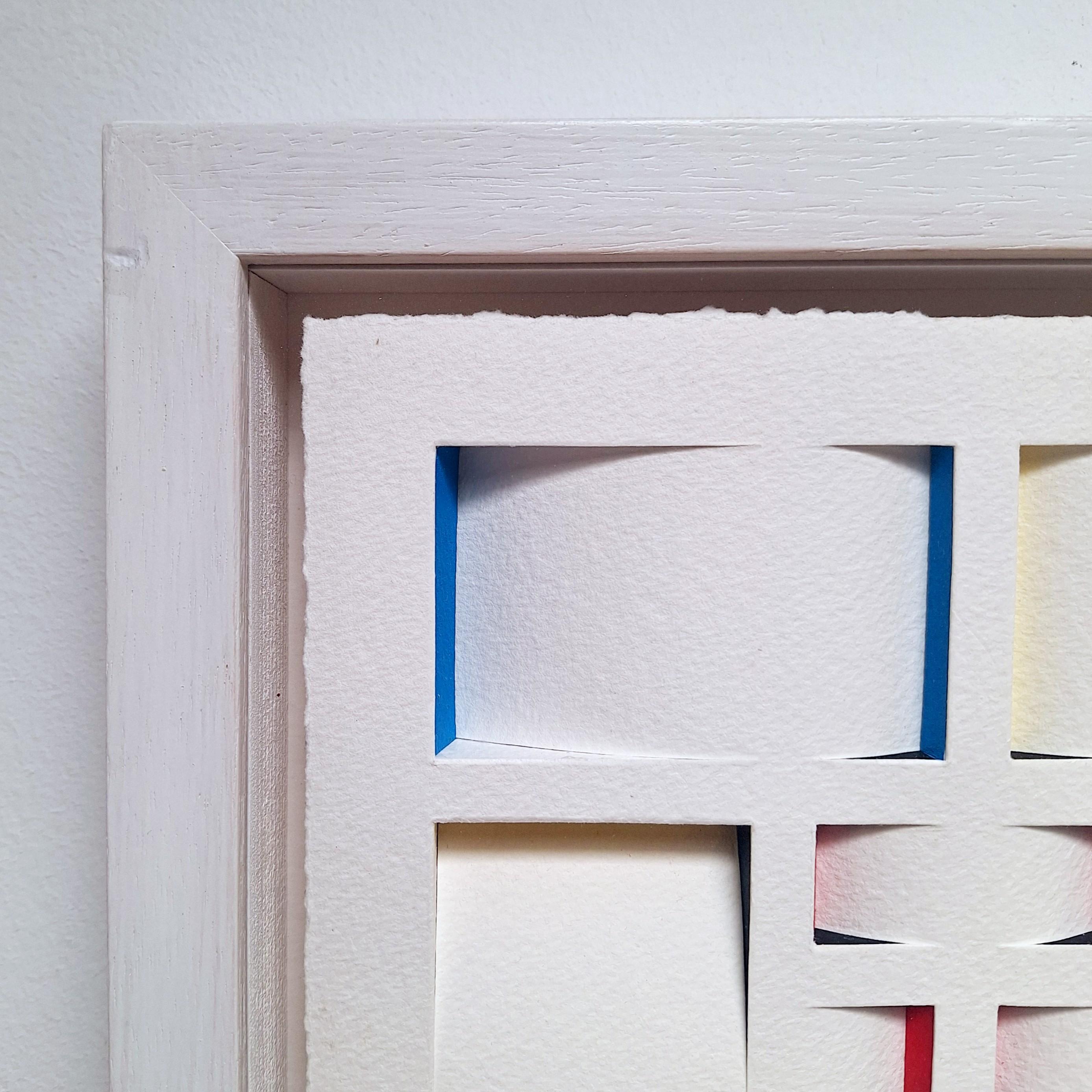 ZT 230112 is a unique one-of-a-kind medium size contemporary modern painting relief by Dutch artist Herman Coppus. This bas-relief relief consists of a meticulously hand cut, folded and glued cardboard paper construction that is carefully mounted