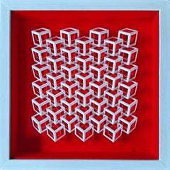 ZT 240204 - peinture géométrique abstraite contemporaine moderne rouge et blanche en relief