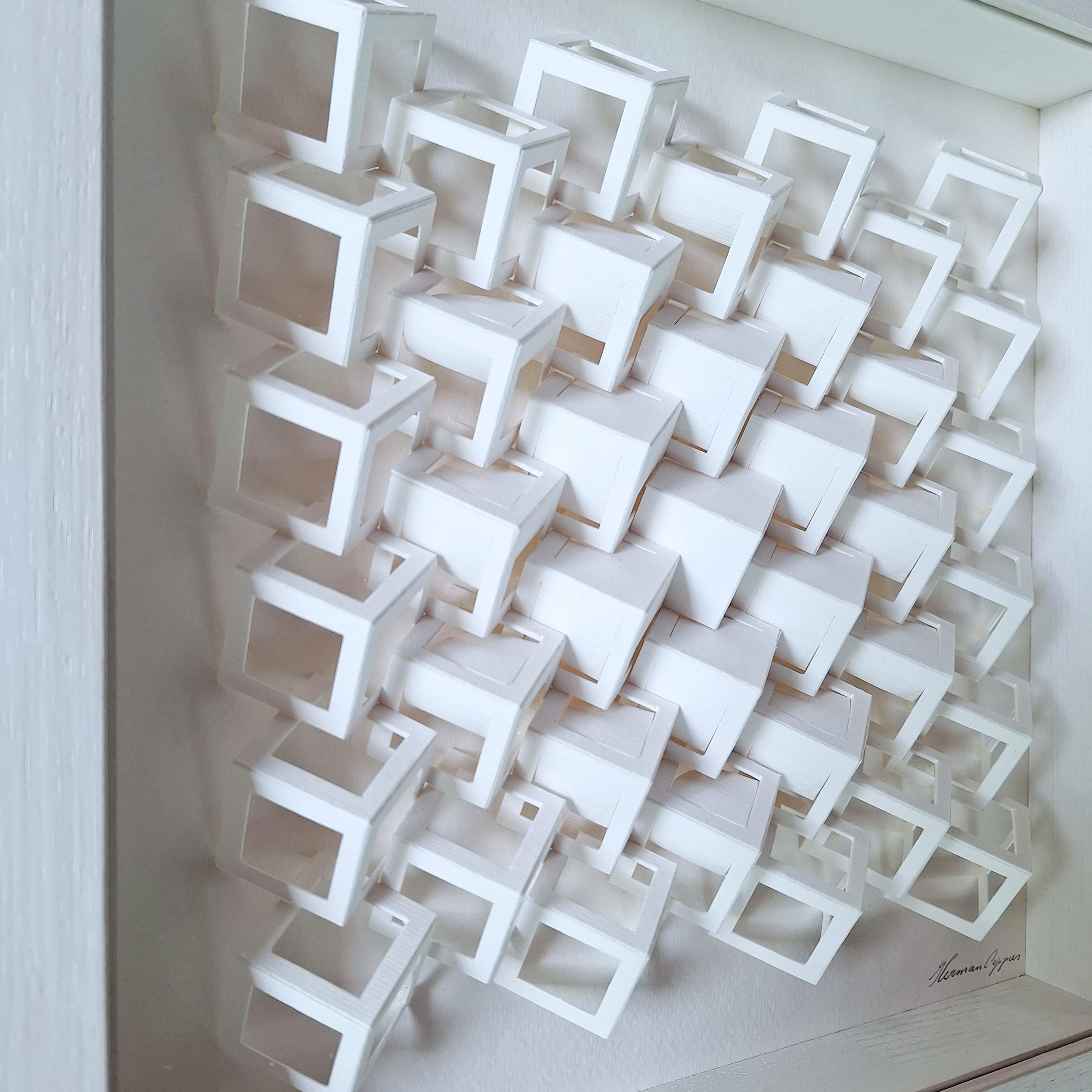 ZT 240306 - quadro geometrico astratto contemporaneo moderno tutto bianco in rilievo - Sculpture Contemporaneo di Herman Coppus