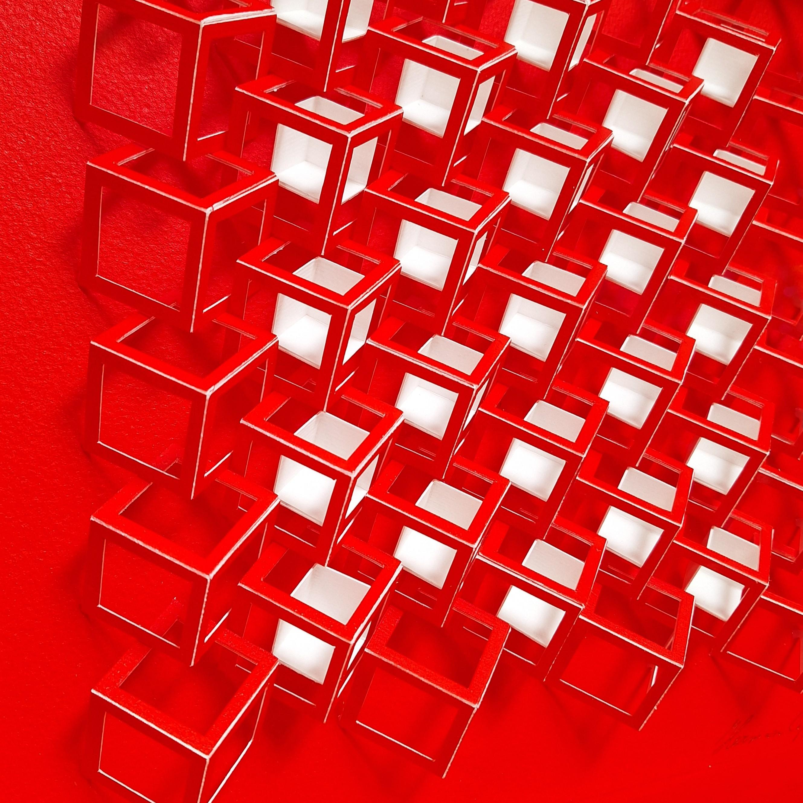 ZT 250304 - contemporary modern red & white abstract geometric painting relief - Contemporary Painting by Herman Coppus