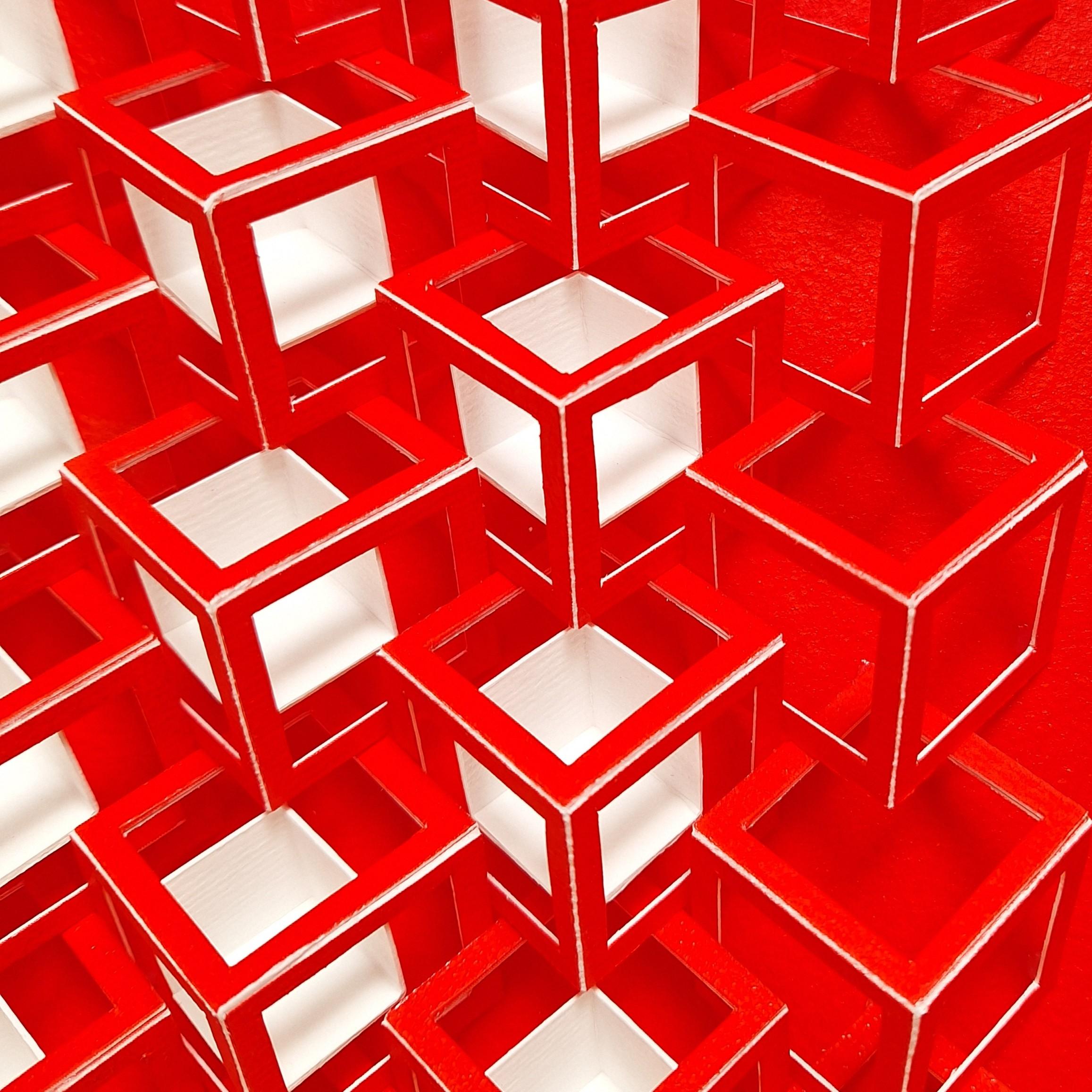 ZT 250304 is a unique one-of-a-kind small contemporary modern painting relief by Dutch artist Hewrman Coppus. The relief is made from meticulously hand cut, folded and glued cardboard paper elements (cubes inside cubes) that are carefully mounted