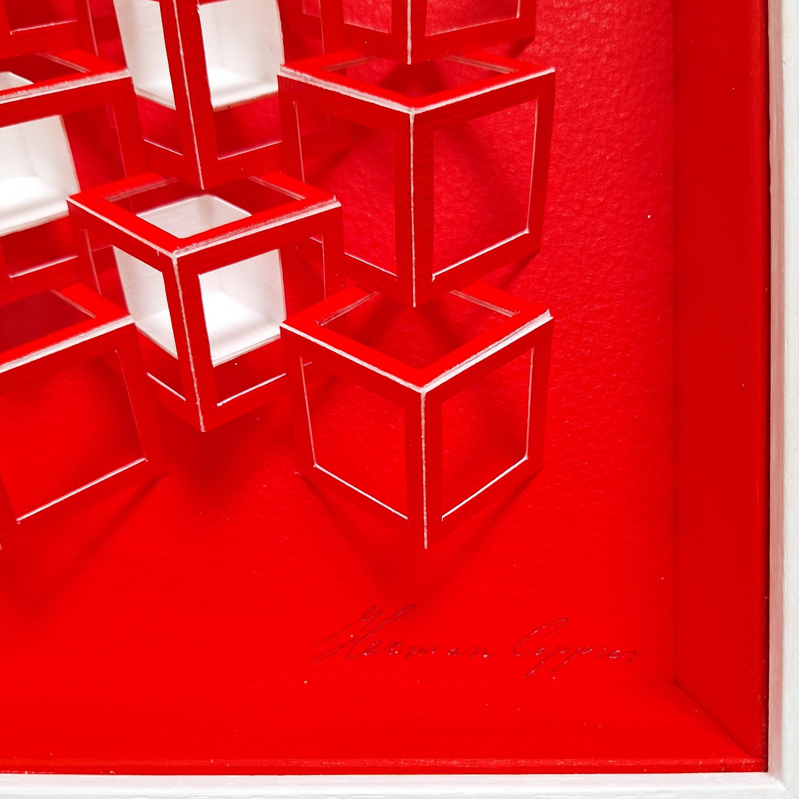 ZT 250304 - contemporary modern red & white abstract geometric painting relief For Sale 2