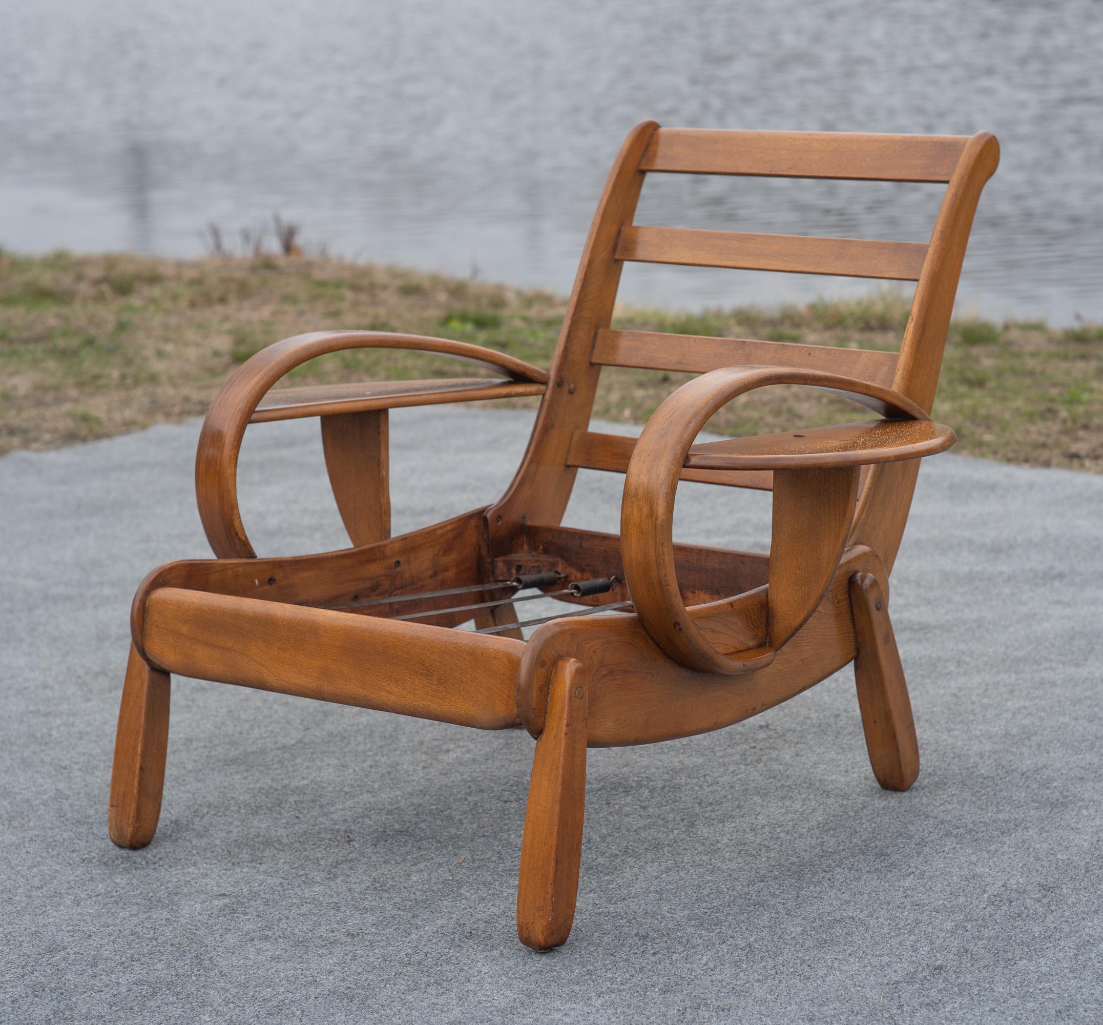 Herman De Vries for Cushman Wide Paddle Lounge Chair, Solid Maple & Brown, 1940s 7