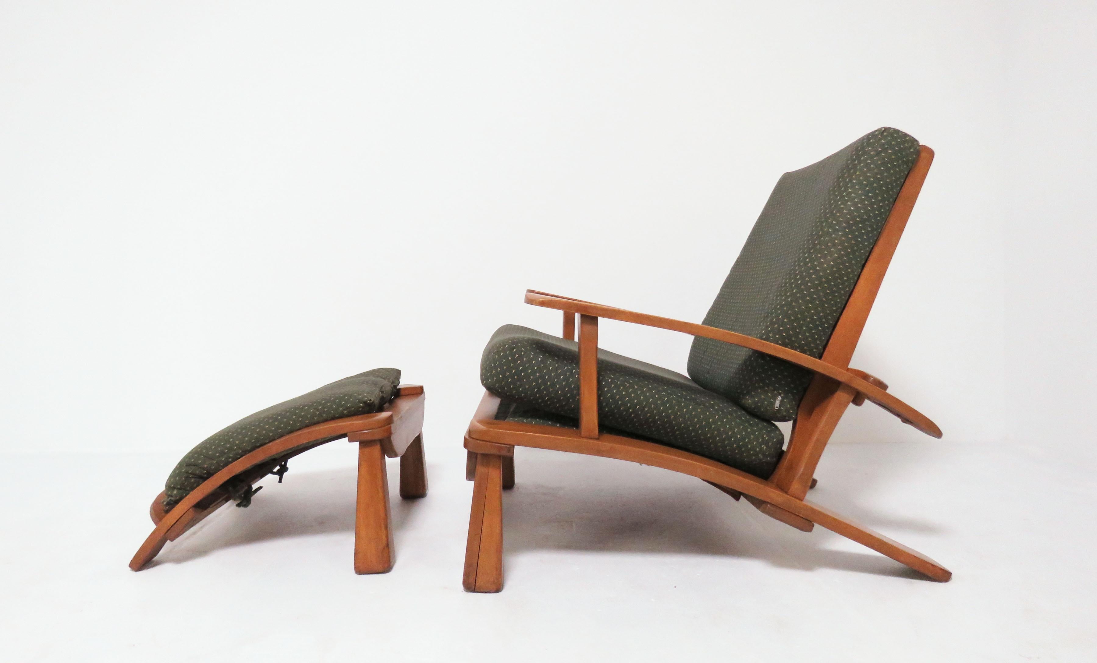 Rare Morris (reclining) chair and ottoman, designed by Herman DeVries for the H.T. Cushman furniture company of Bennington, Vt. The Cushman company was an early adopter of the modern style and manufactured a distinctly American catalog of solid