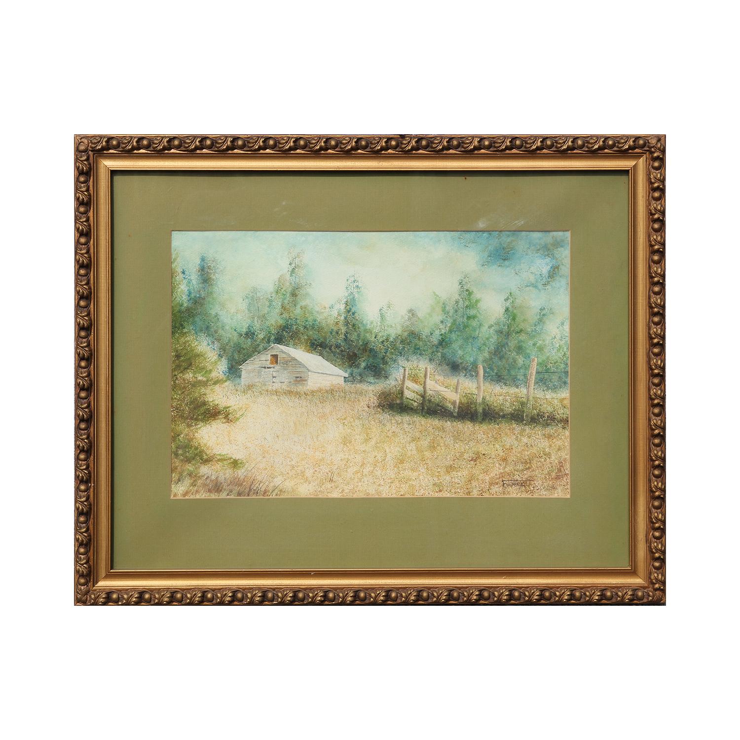 Blue and Green Toned Watercolor and Ink Farm Landscape - Painting by Herman Ferrell