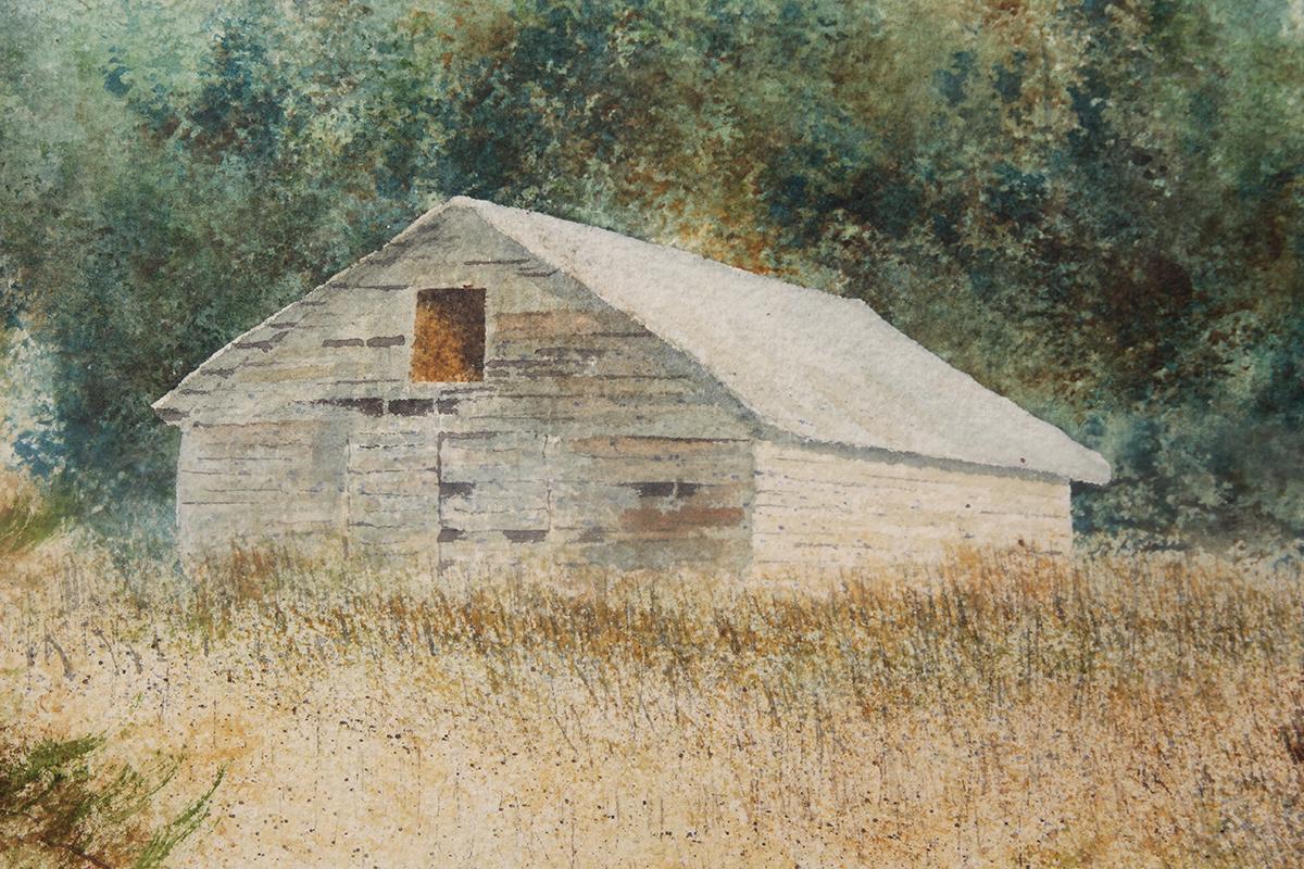 Blue and green toned watercolor and ink landscape by Louisiana artist Herman Ferrell depicting a small and recluse wooden barn house. Signed 