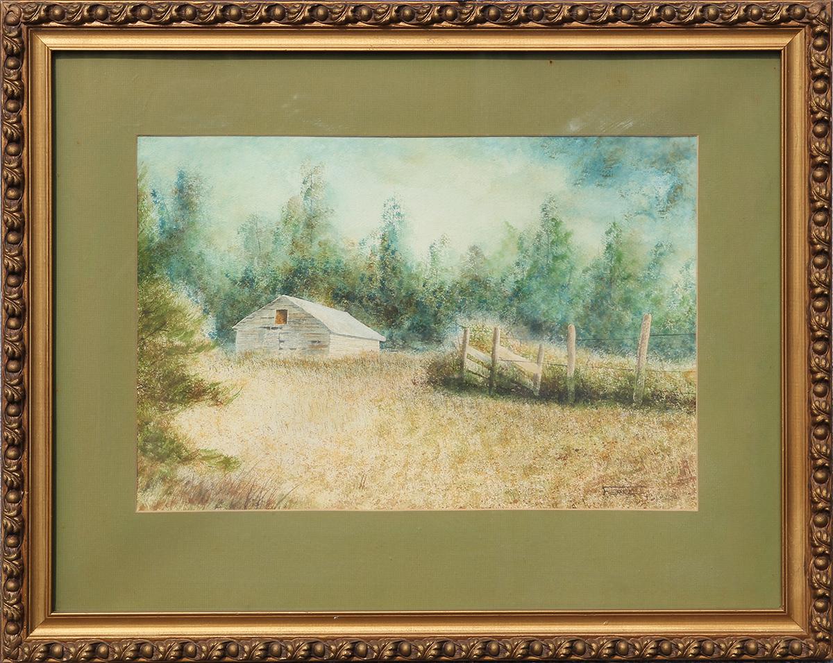 Herman Ferrell Landscape Painting - Blue and Green Toned Watercolor and Ink Farm Landscape
