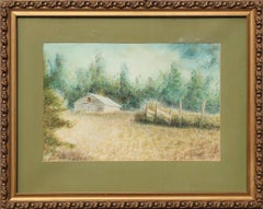 Vintage Blue and Green Toned Watercolor and Ink Farm Landscape