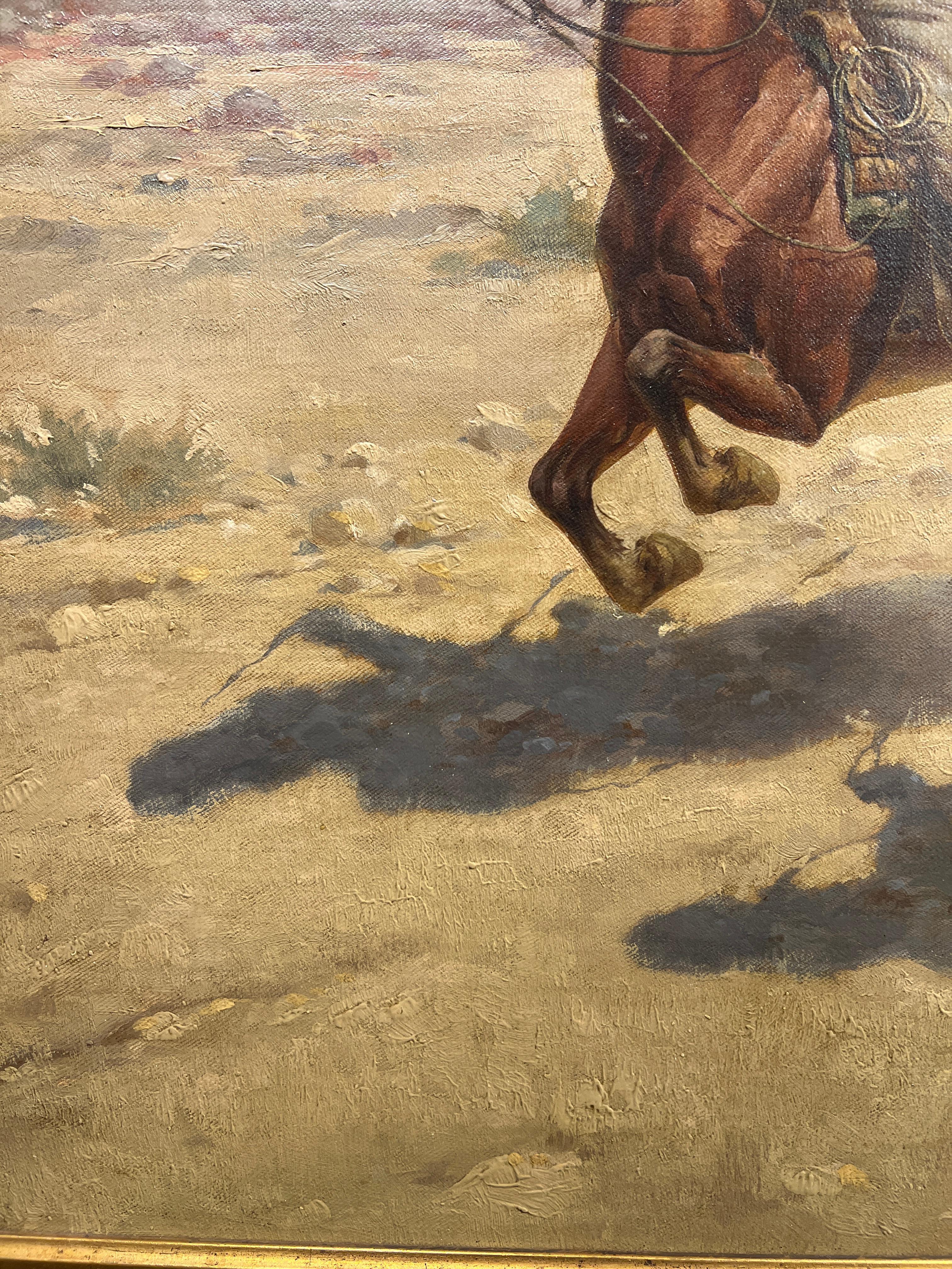 Herman Hanson (Deutscher, 1854-1924)
Cowboy-Rennen, 1905
Signiert und datiert unten rechts
24 x 36 Zoll
37 x 49 Zoll

Der in Dithmarschen geborene Herman Hansen schuf akribische Aquarelle, die vergangene Tage des Alten Westens, seine Pferde, Cowboys