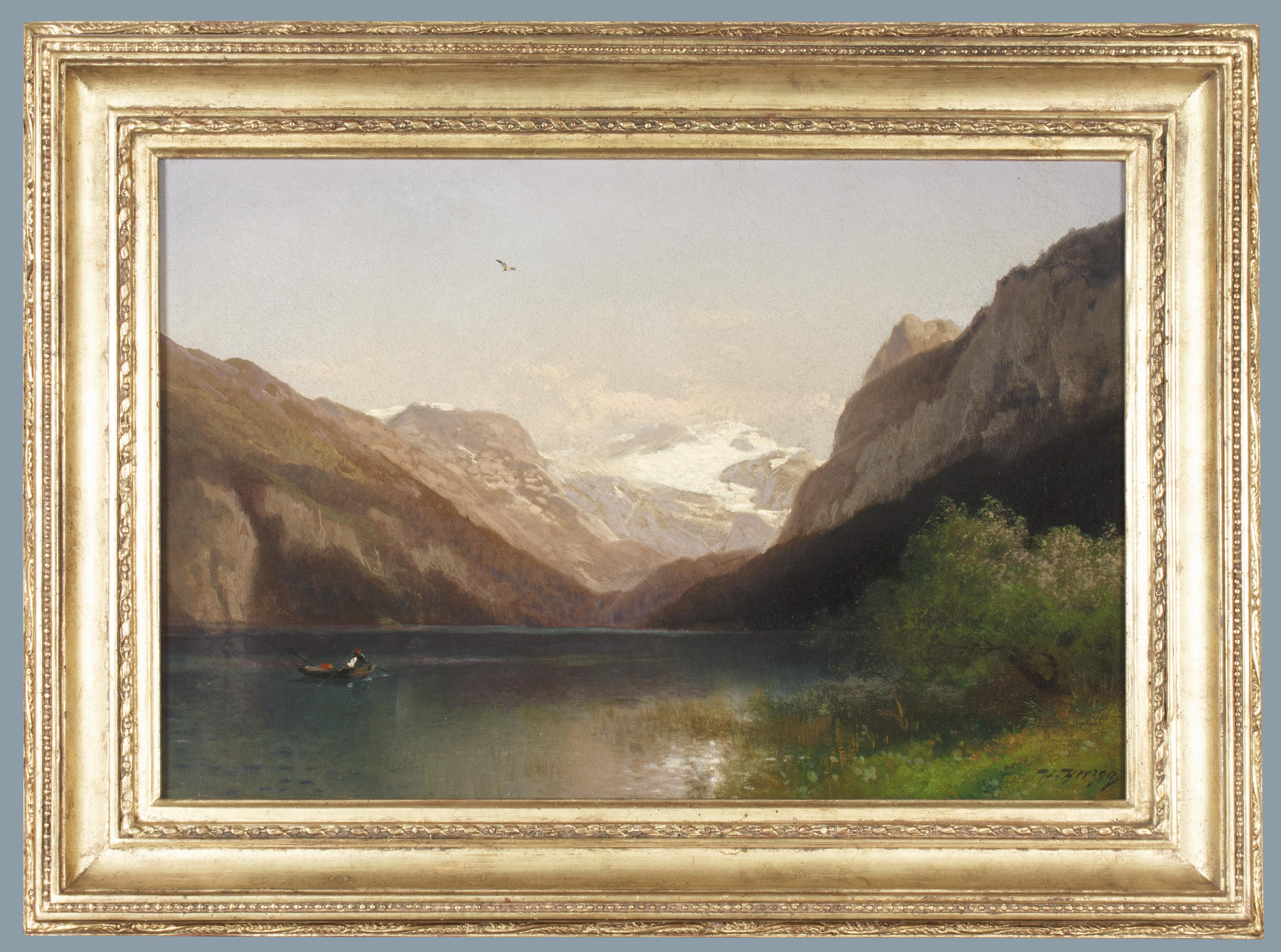 Herman Herzog
(American, born Germany, 1832-1932)
Evening at Lake Lucerne
Oil on canvas, 14 x 21 inches
Framed: 21 x 28 inches (approx.)
Signed at lower right: "Herman Herzog"

German born Herman Herzog studied at the Dusseldorf Academy under such