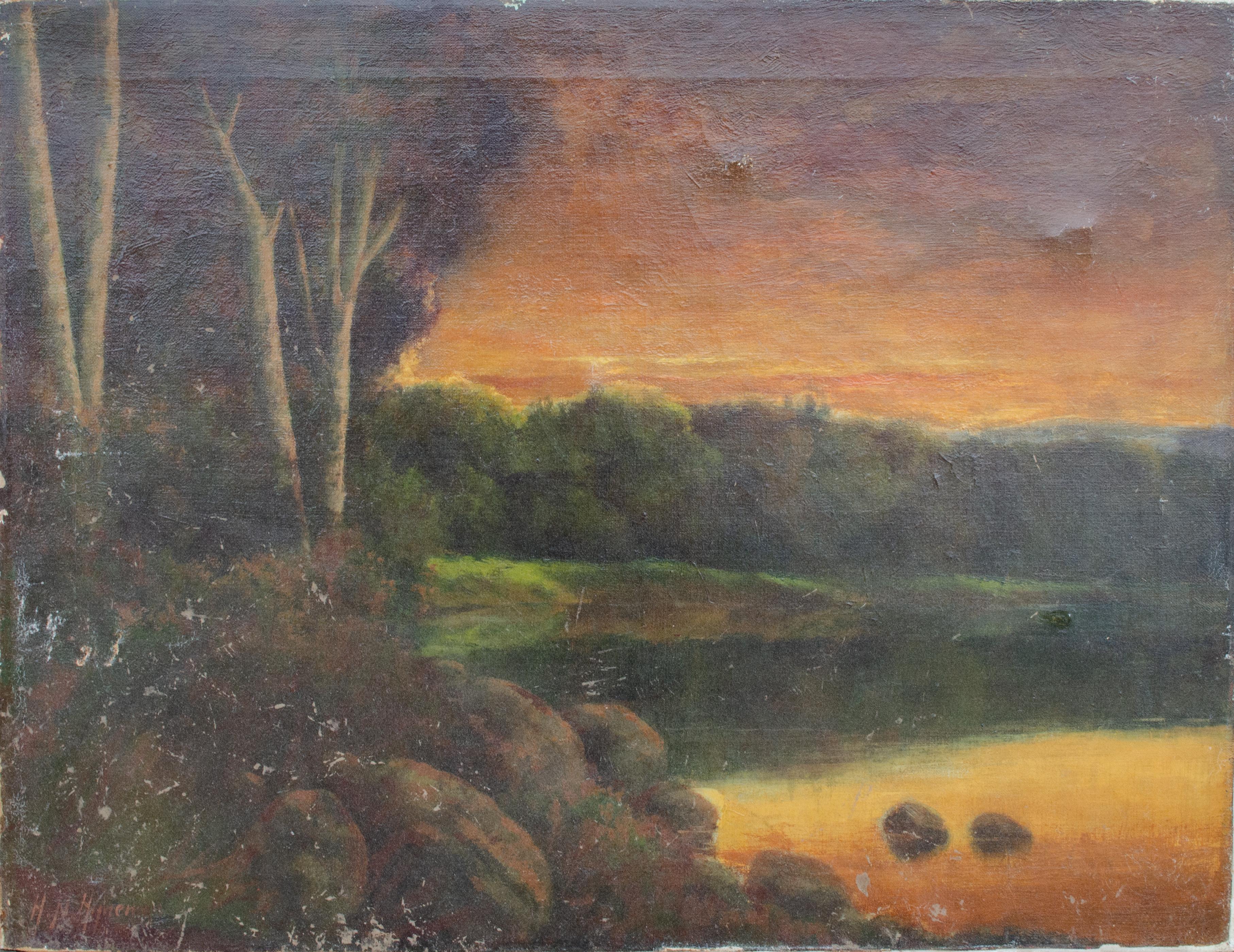 Herman N. Hyneman (Américain, 1849-1907)
Sans titre (paysage de coucher de soleil), 19e siècle
Huile sur toile
20 1/4 x 26 in.
Signé en bas à droite : H. N. Hyneman

Herman N. &New était un célèbre portraitiste et figuraliste américain, lié à