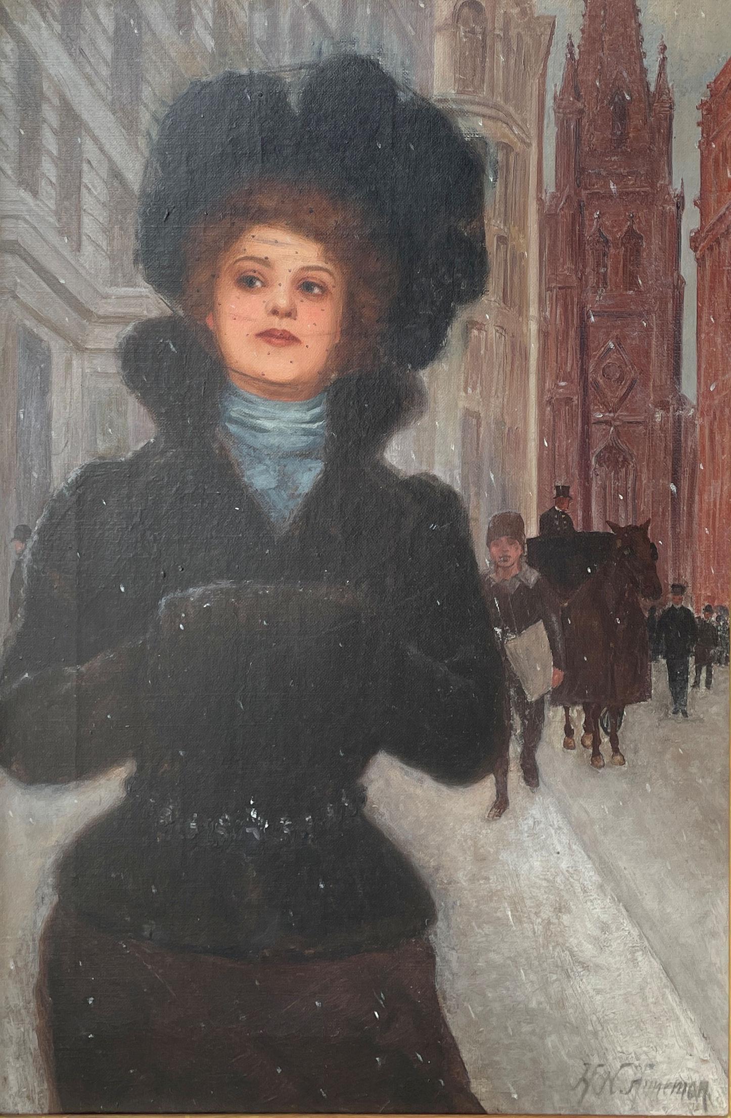 "Elegant Lady in Winter, Trinity Church, New York" Herman Hyneman, Gilded Age