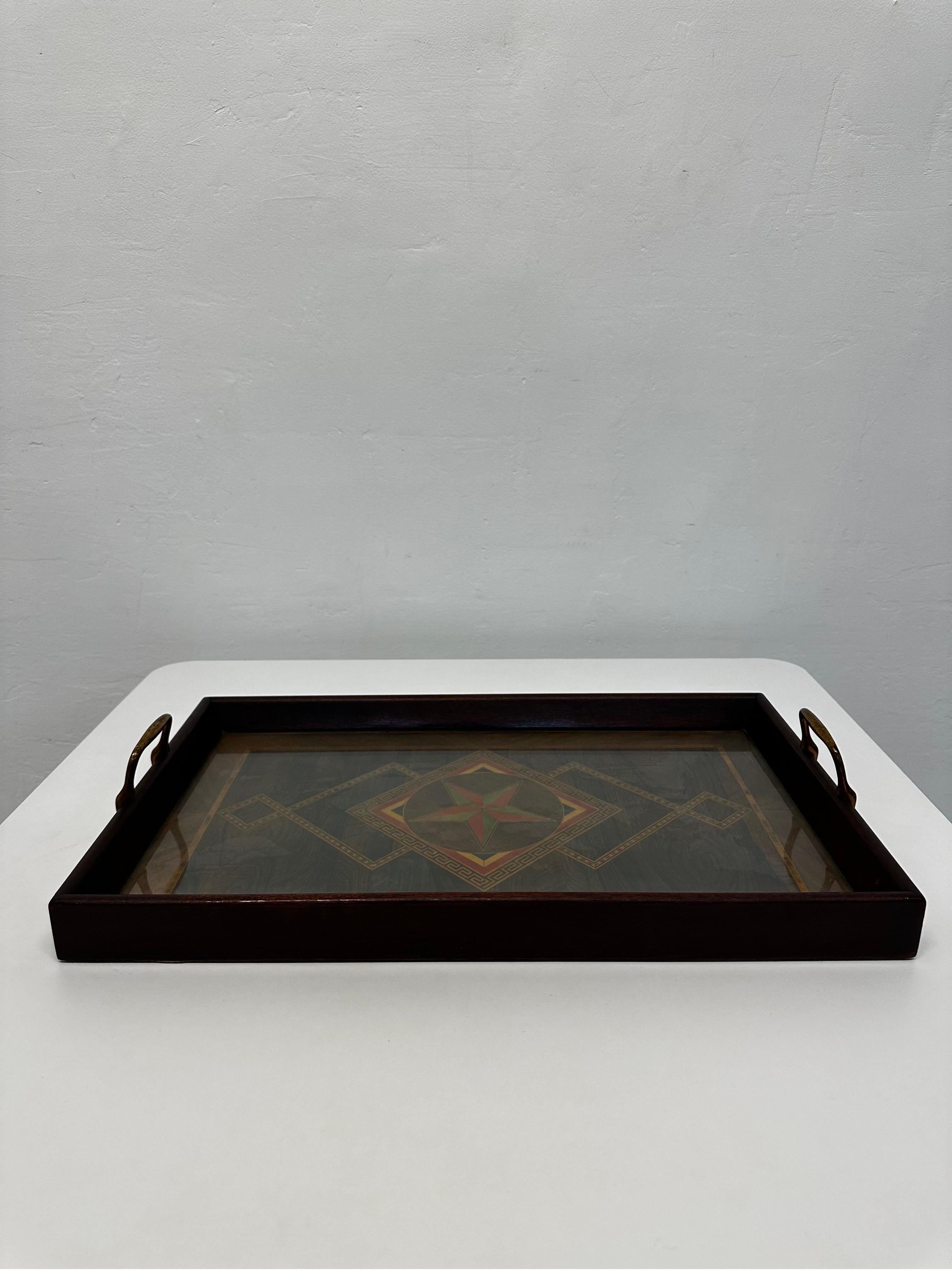 Art Deco wood inlay under glass serving tray with patinated brass handles by Herman J Oeser, 1922.