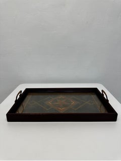 Art-déco-Serviertablett aus Holz mit Intarsien und Messinggriffen von Herman J. Oeser, 1922