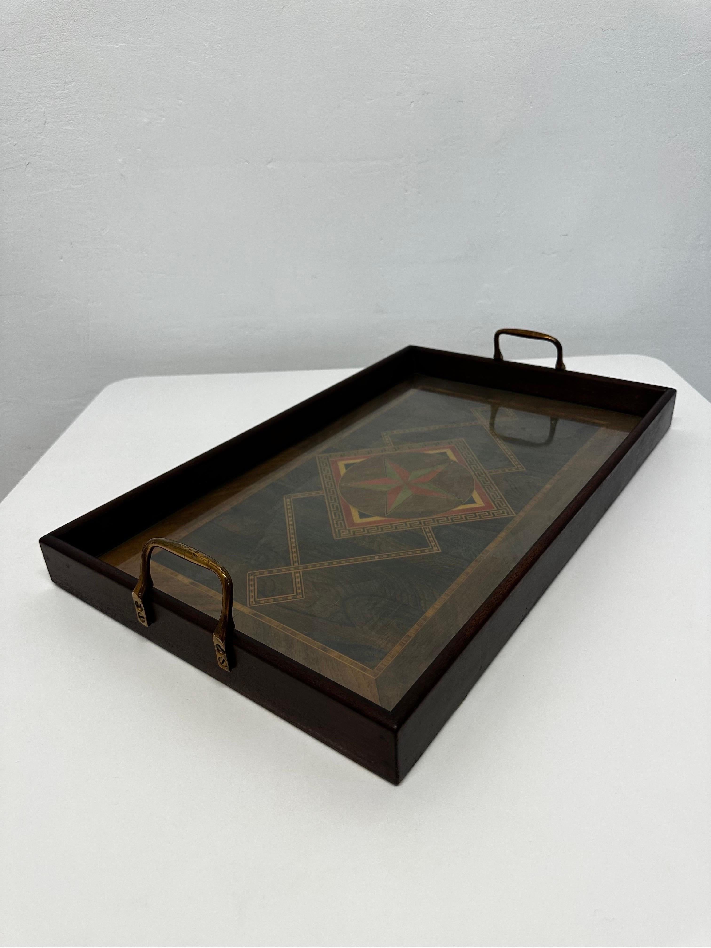 Unknown Herman J Oeser Art Deco Wood Marquetry Serving Tray With Brass Handles, 1922 For Sale