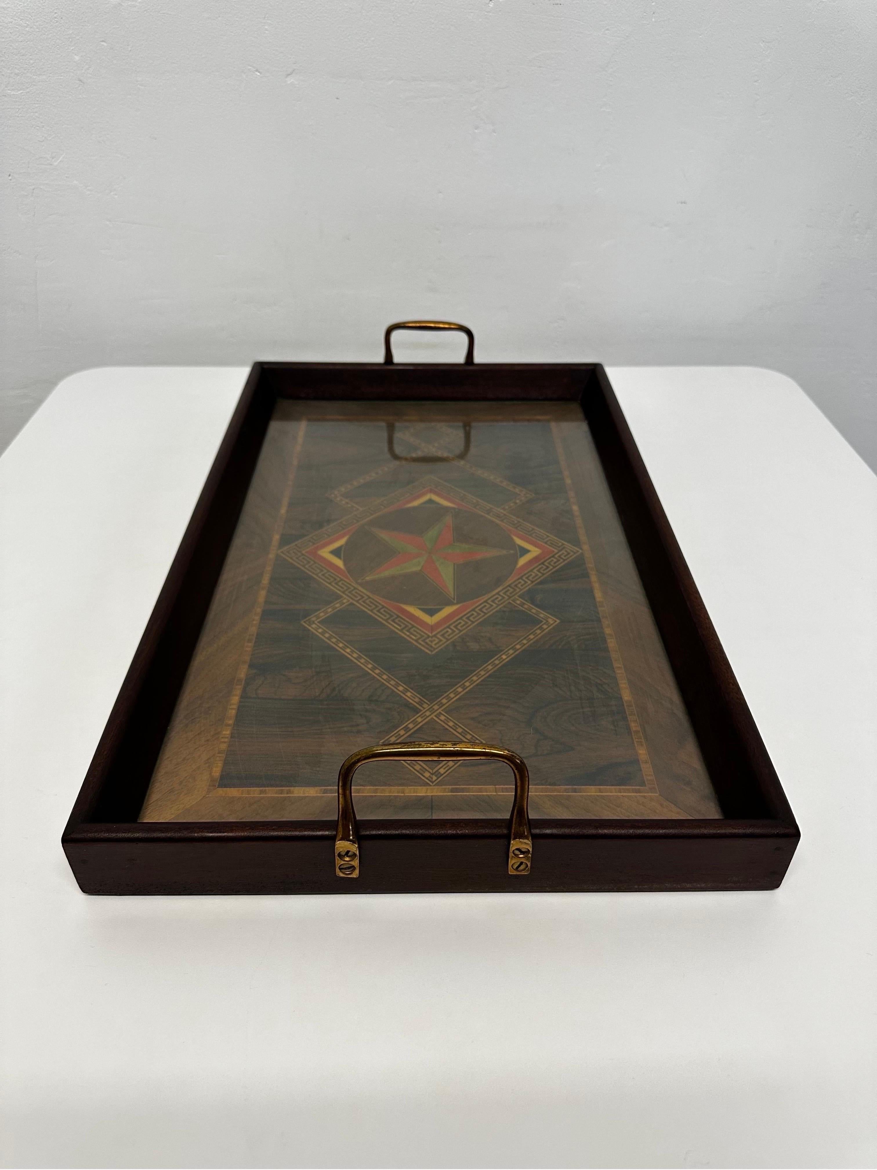 Herman J Oeser Art Deco Wood Marquetry Serving Tray With Brass Handles, 1922 In Good Condition For Sale In Miami, FL