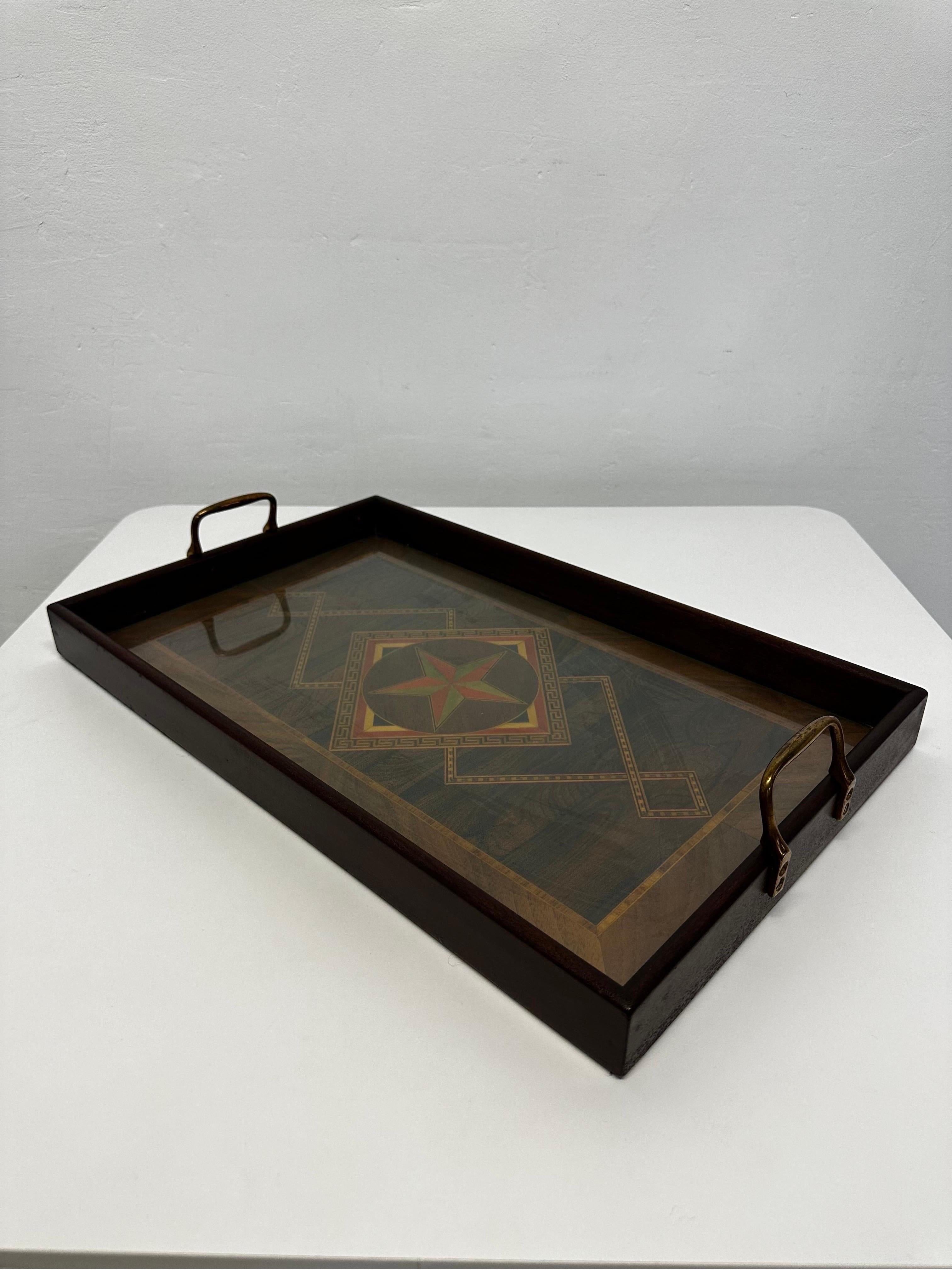 20th Century Herman J Oeser Art Deco Wood Marquetry Serving Tray With Brass Handles, 1922 For Sale