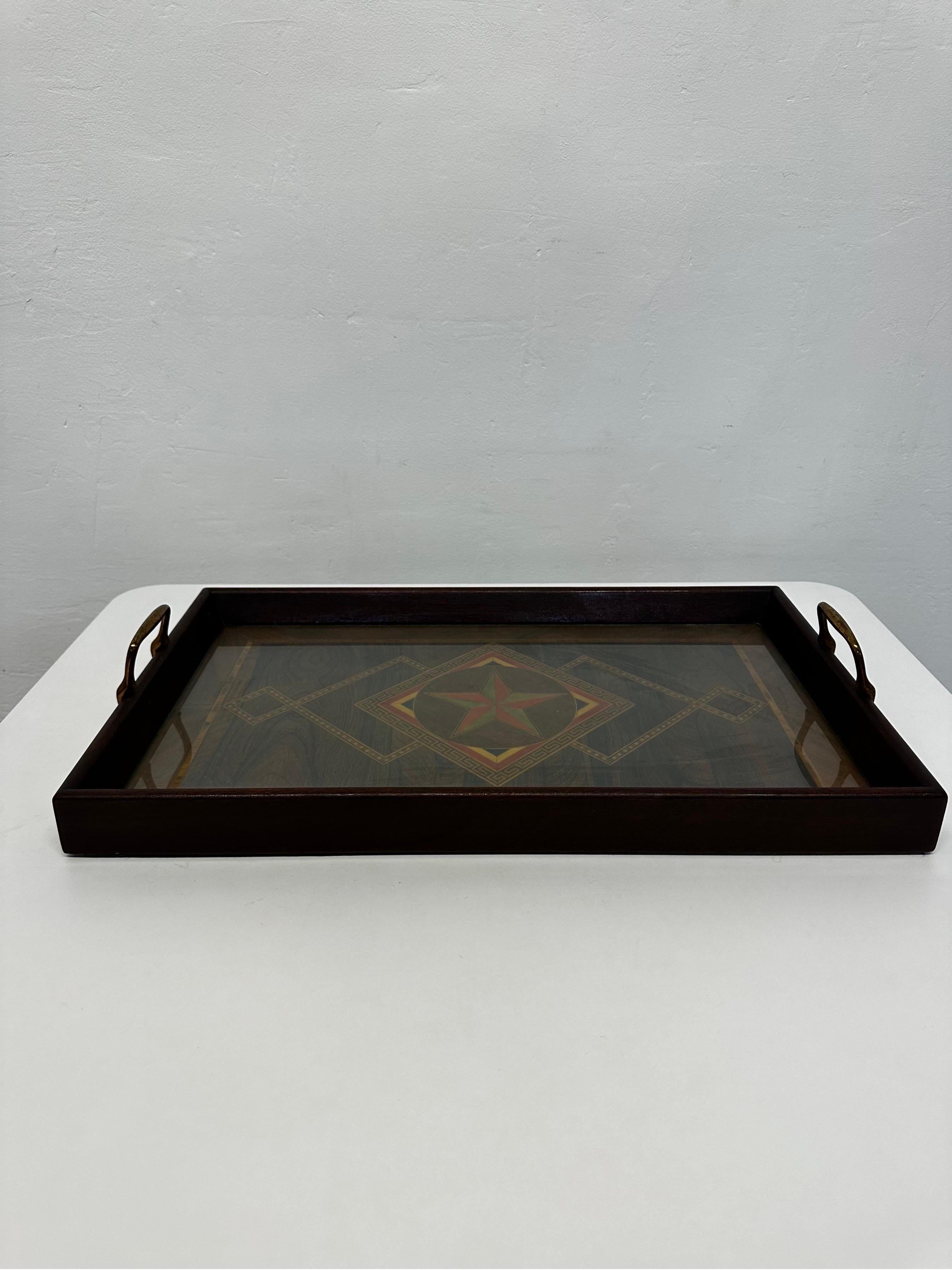 Herman J Oeser Art Deco Wood Marquetry Serving Tray With Brass Handles, 1922 For Sale 1
