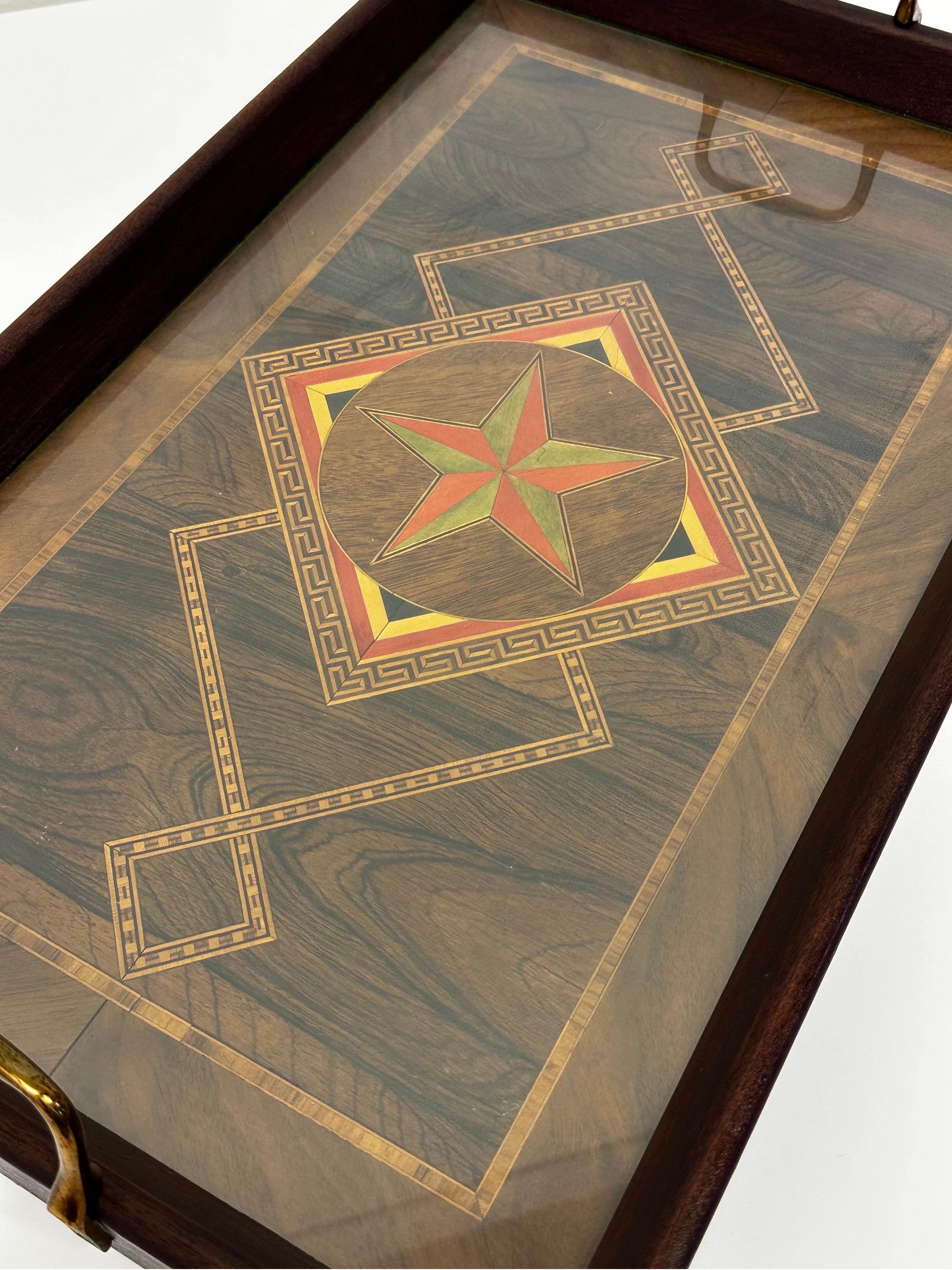 Herman J Oeser Art Deco Wood Marquetry Serving Tray With Brass Handles, 1922 For Sale 3