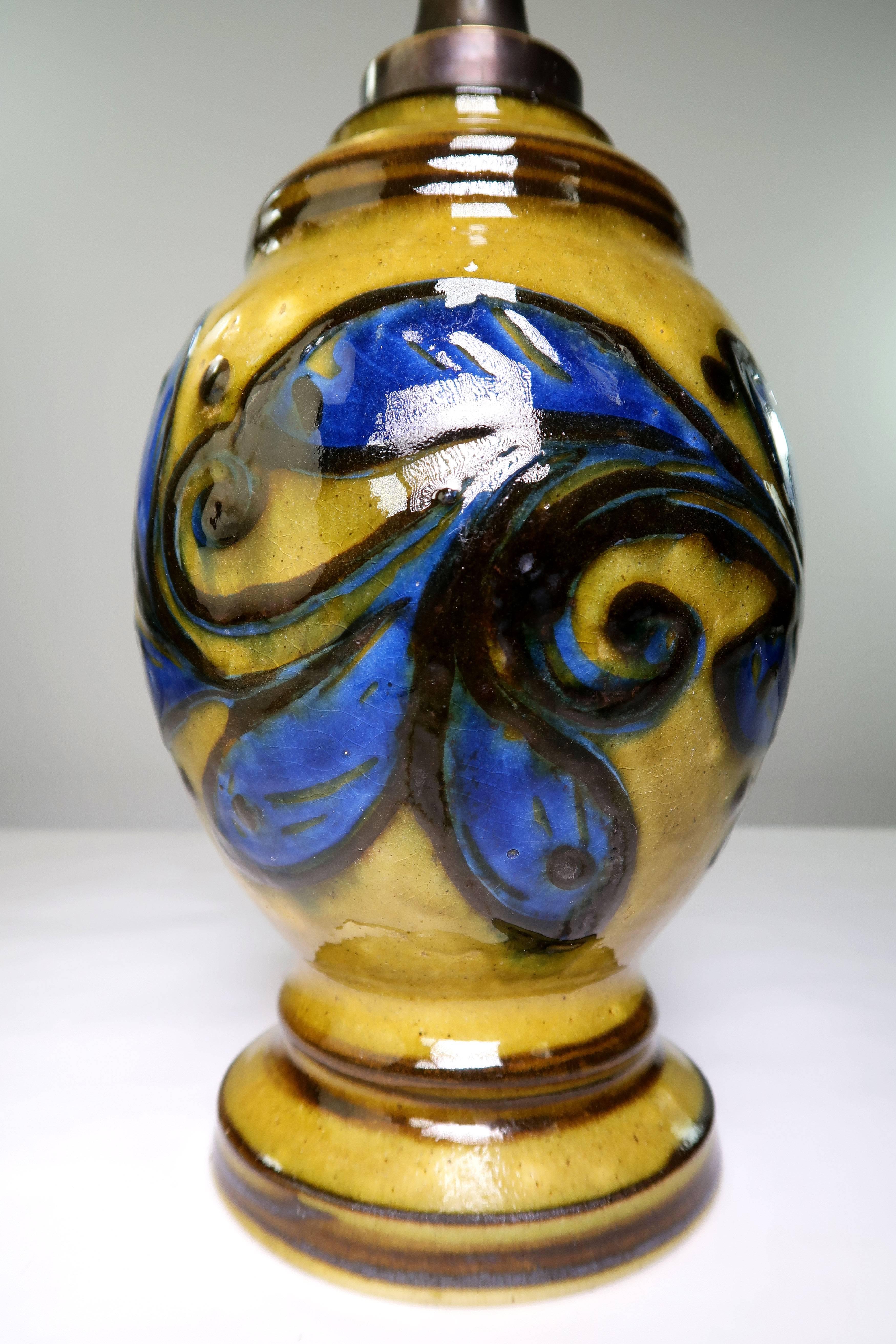 Danish Herman Kähler Bohemian Art Deco Mustard, Blue Glazed Modern Handmade Lamp, 1930s