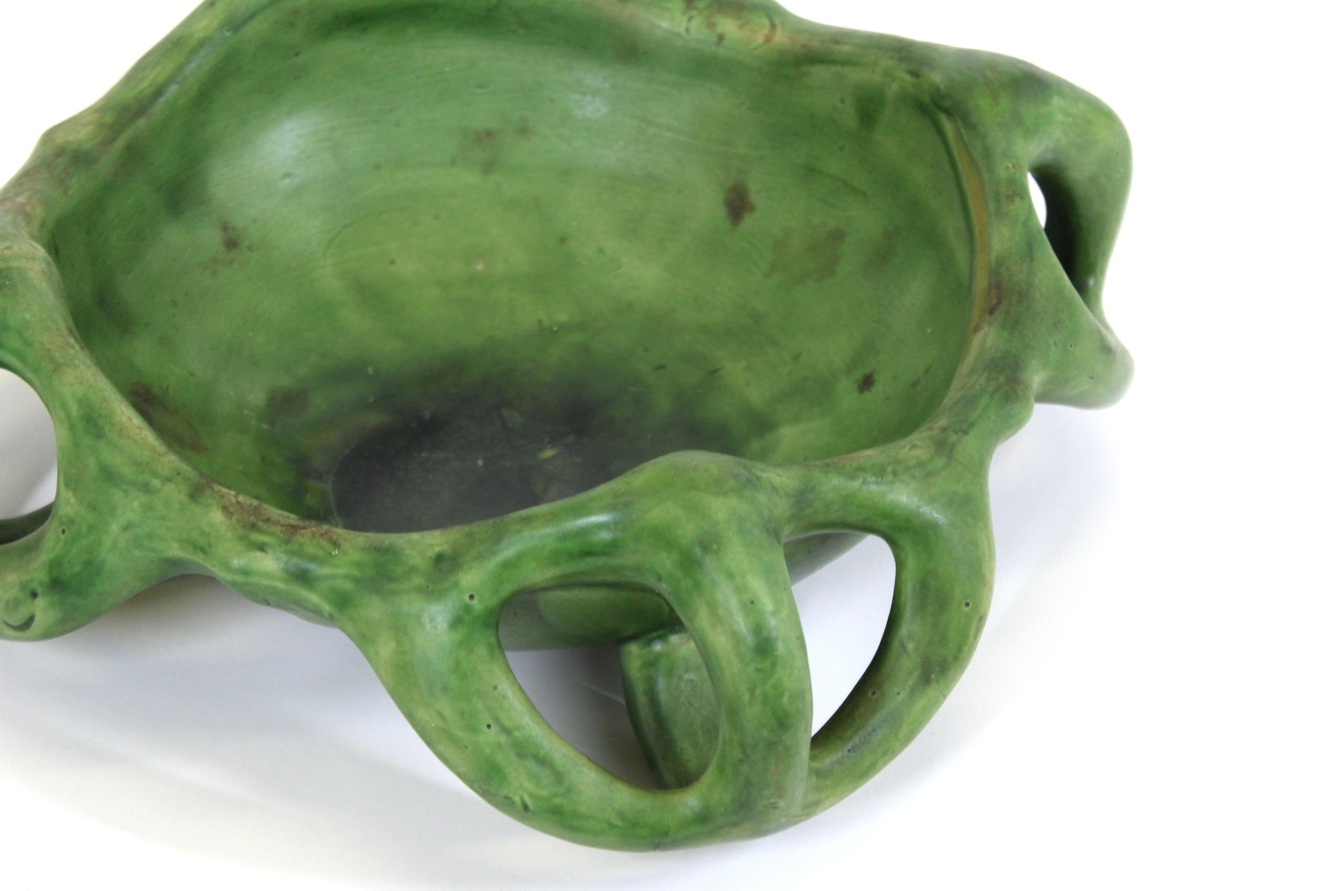 Herman Kähler Danish Art Nouveau Studio Ceramic Bowl With Green Glaze In Good Condition In New York, NY
