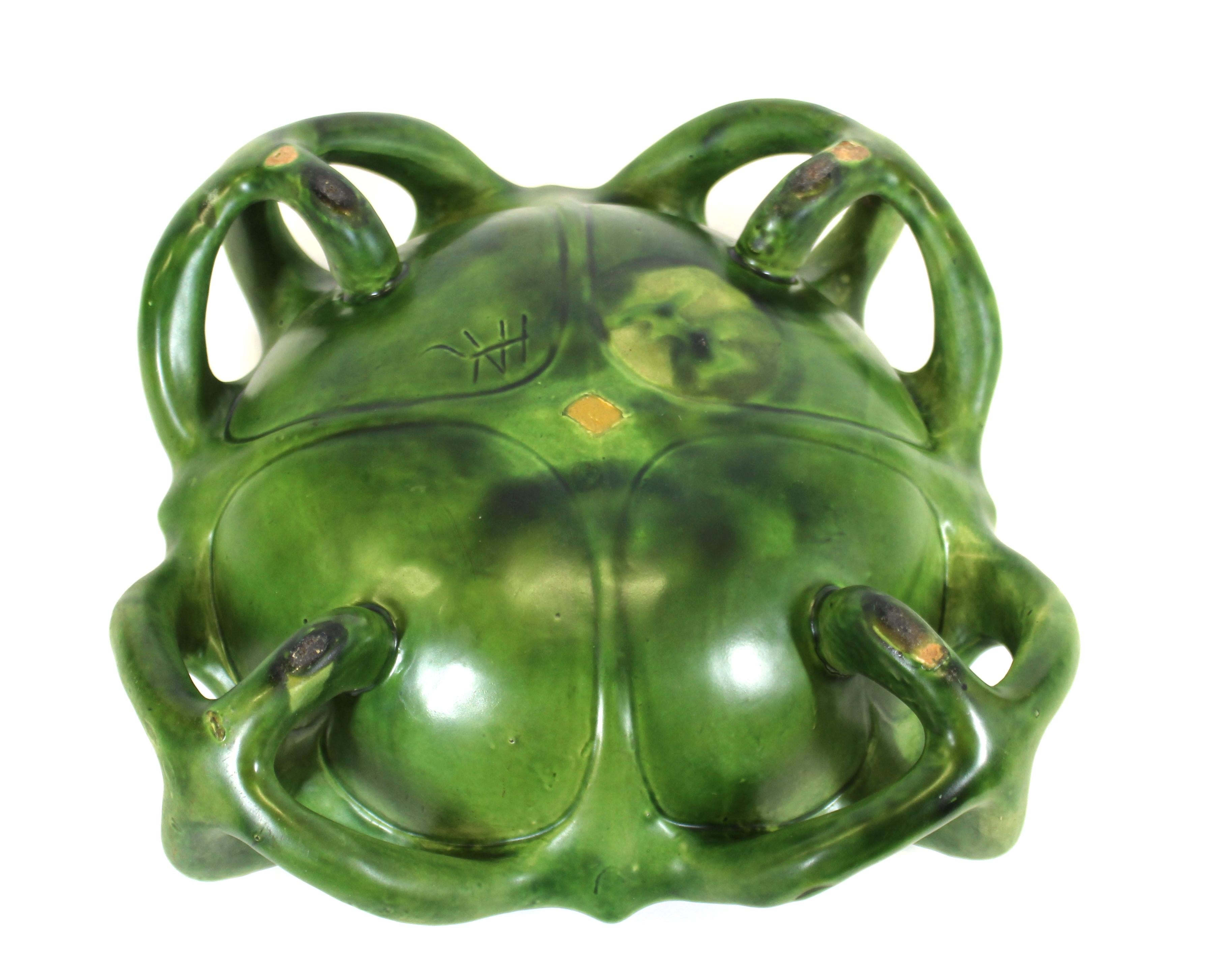 Herman Kähler Danish Art Nouveau Studio Ceramic Bowl With Green Glaze 2