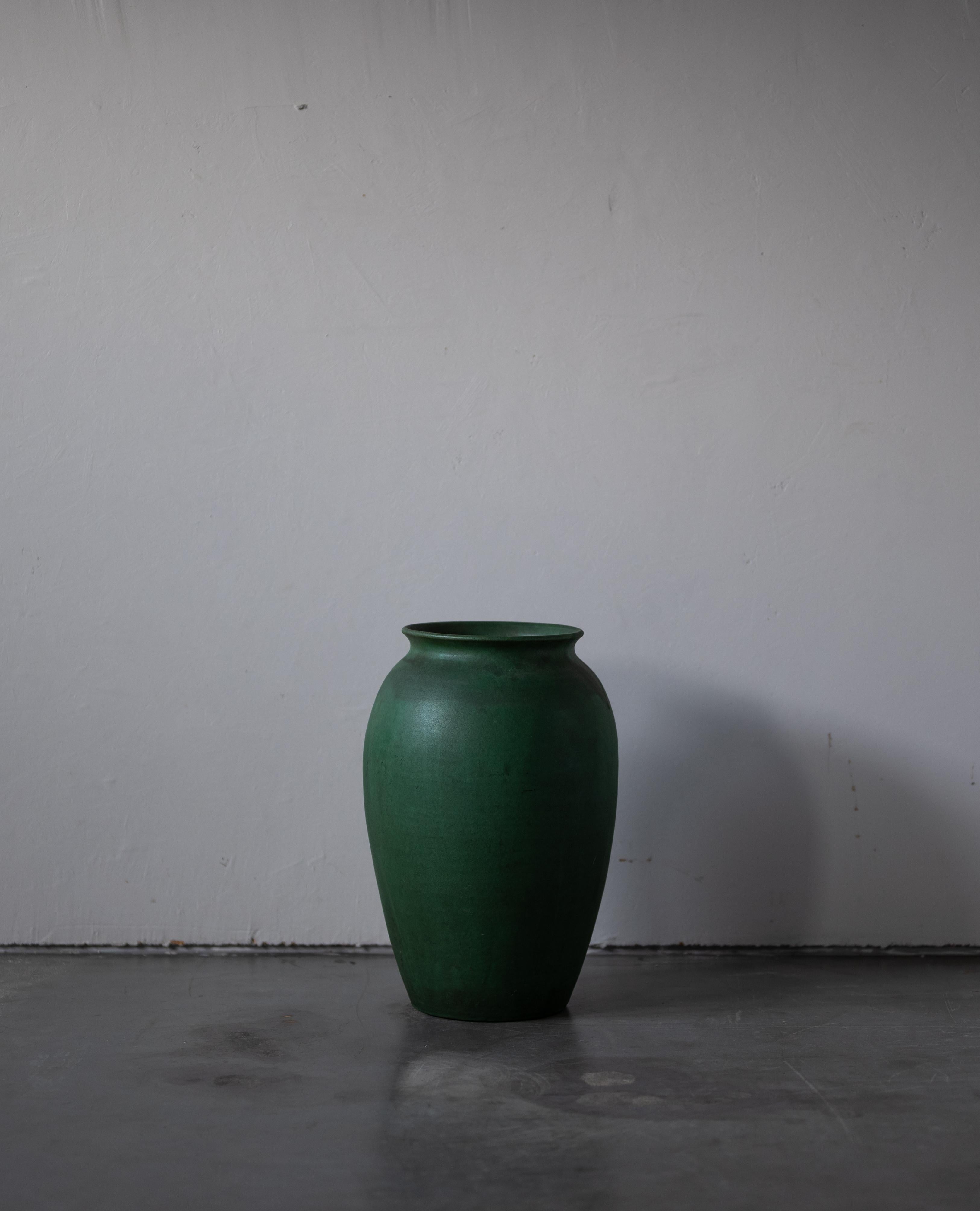 Scandinavian Modern Herman Kähler, Large Vase, Green Glazed Earthenware, Denmark, C. 1900