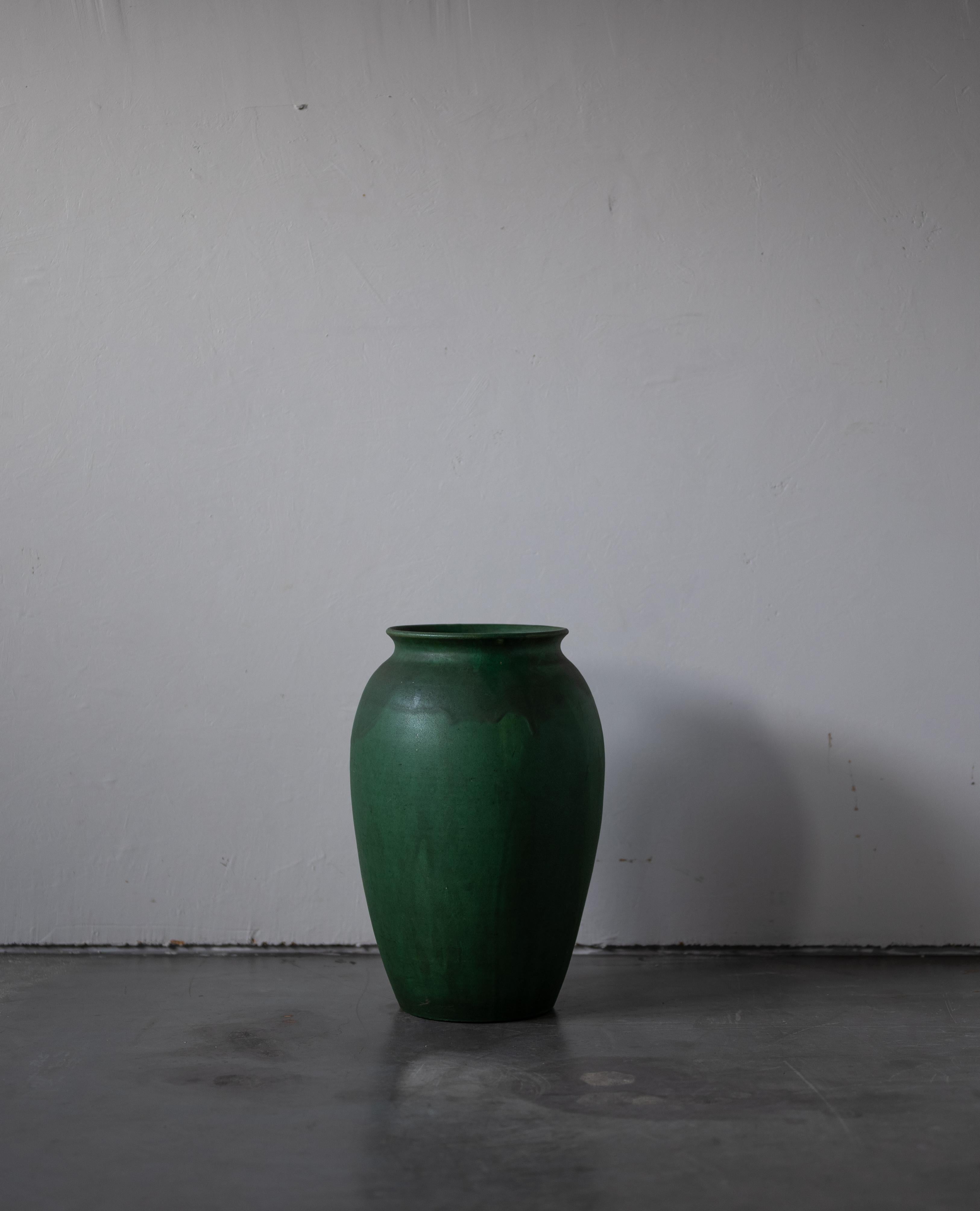 Danish Herman Kähler, Large Vase, Green Glazed Earthenware, Denmark, C. 1900