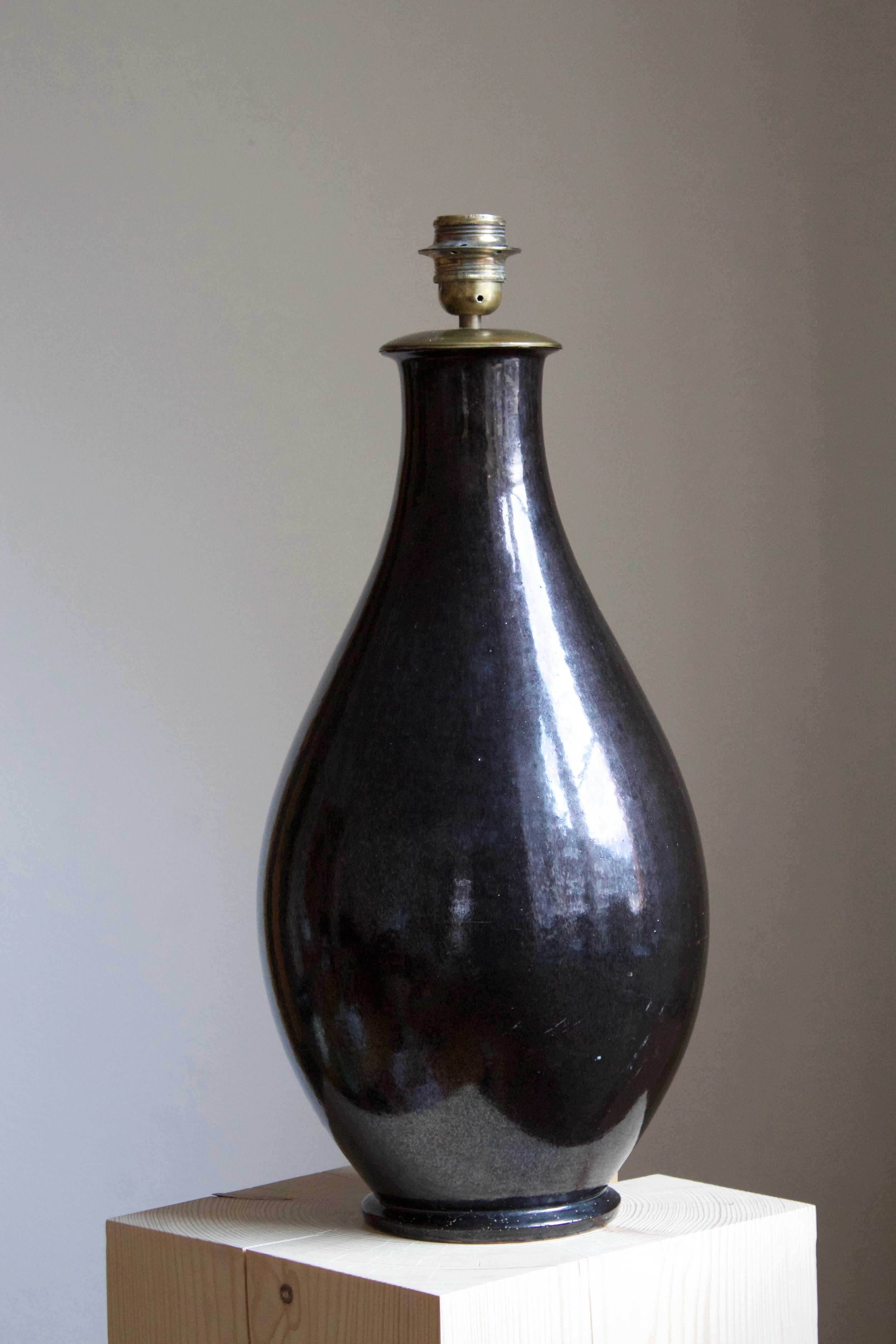 Scandinavian Modern Herman Kähler, Very Large Table Lamp, Black-Glazed Earthenware, Denmark, c 1900