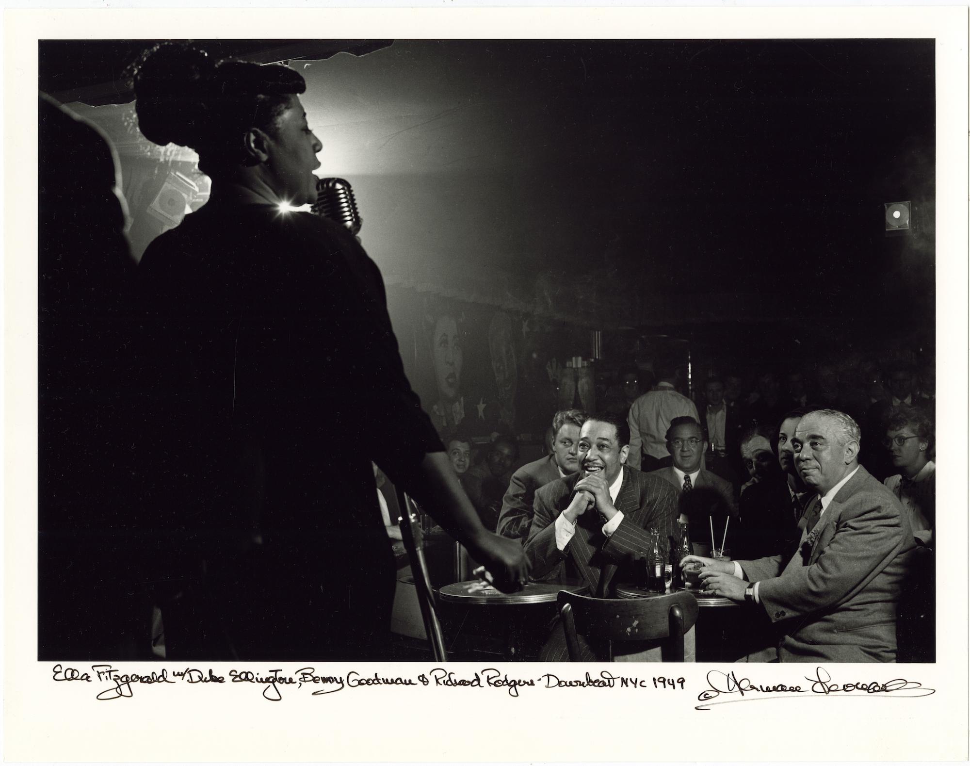 Herman Leonard Portrait Photograph - Ella Fitzgerald, Duke Ellington, Benny Godman,  Downbeat, New York, 1948