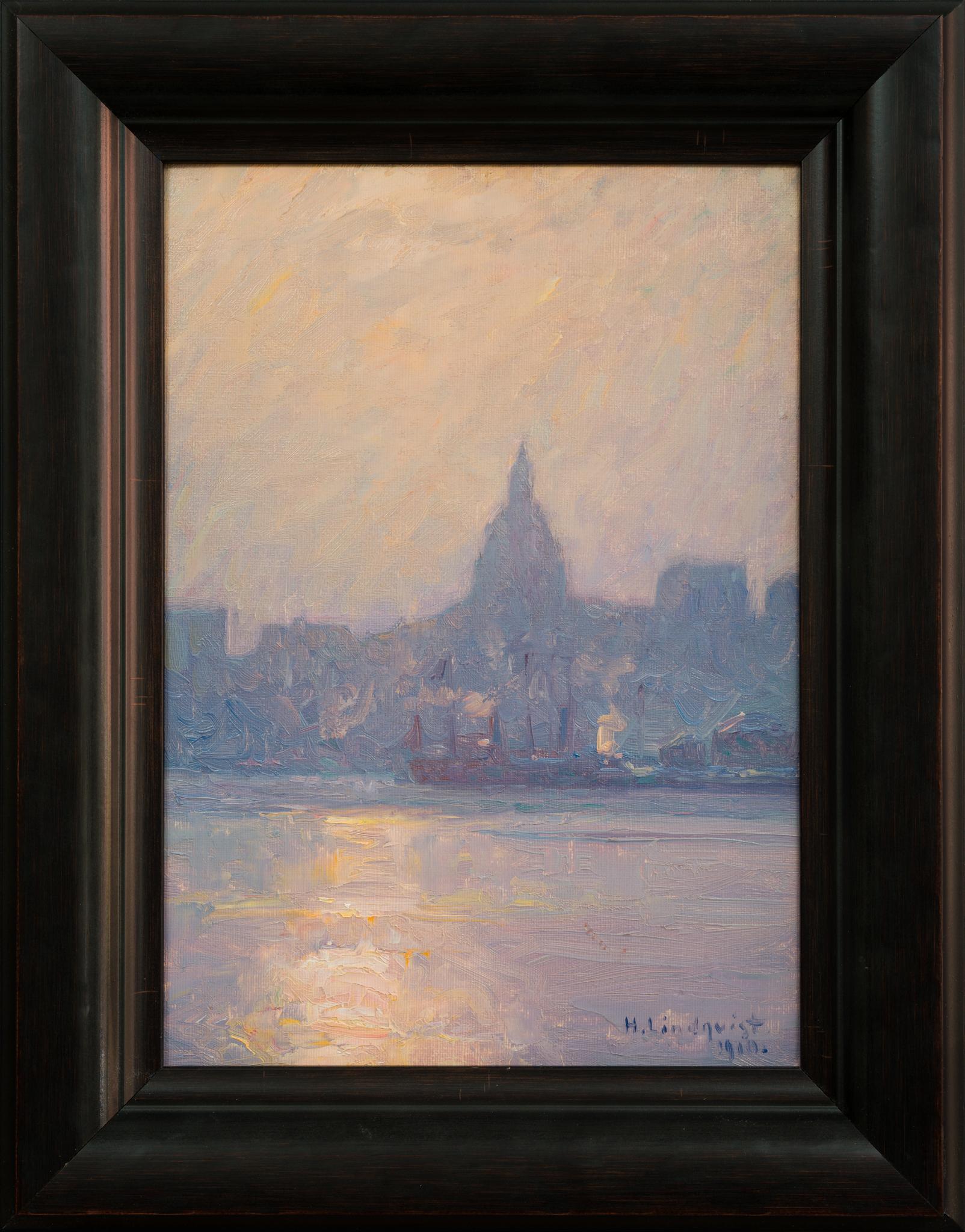 Vista da Skeppsbron verso la chiesa di Katarina, 1910 - Painting di Herman Lindqvist