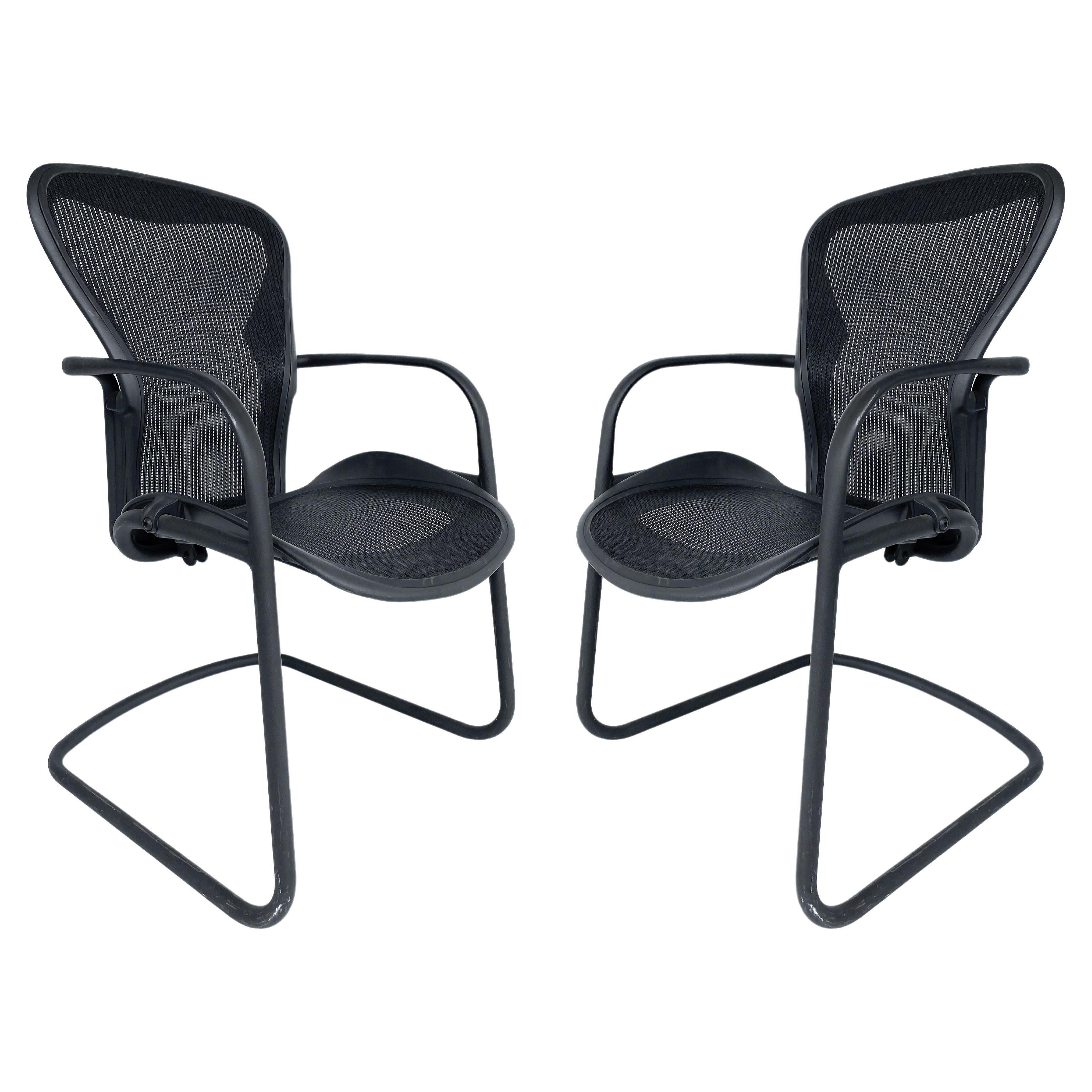 Herman Miller Aeron Ergonomic Side Chairs,  Black Tubular Metal Frames & Mesh  For Sale