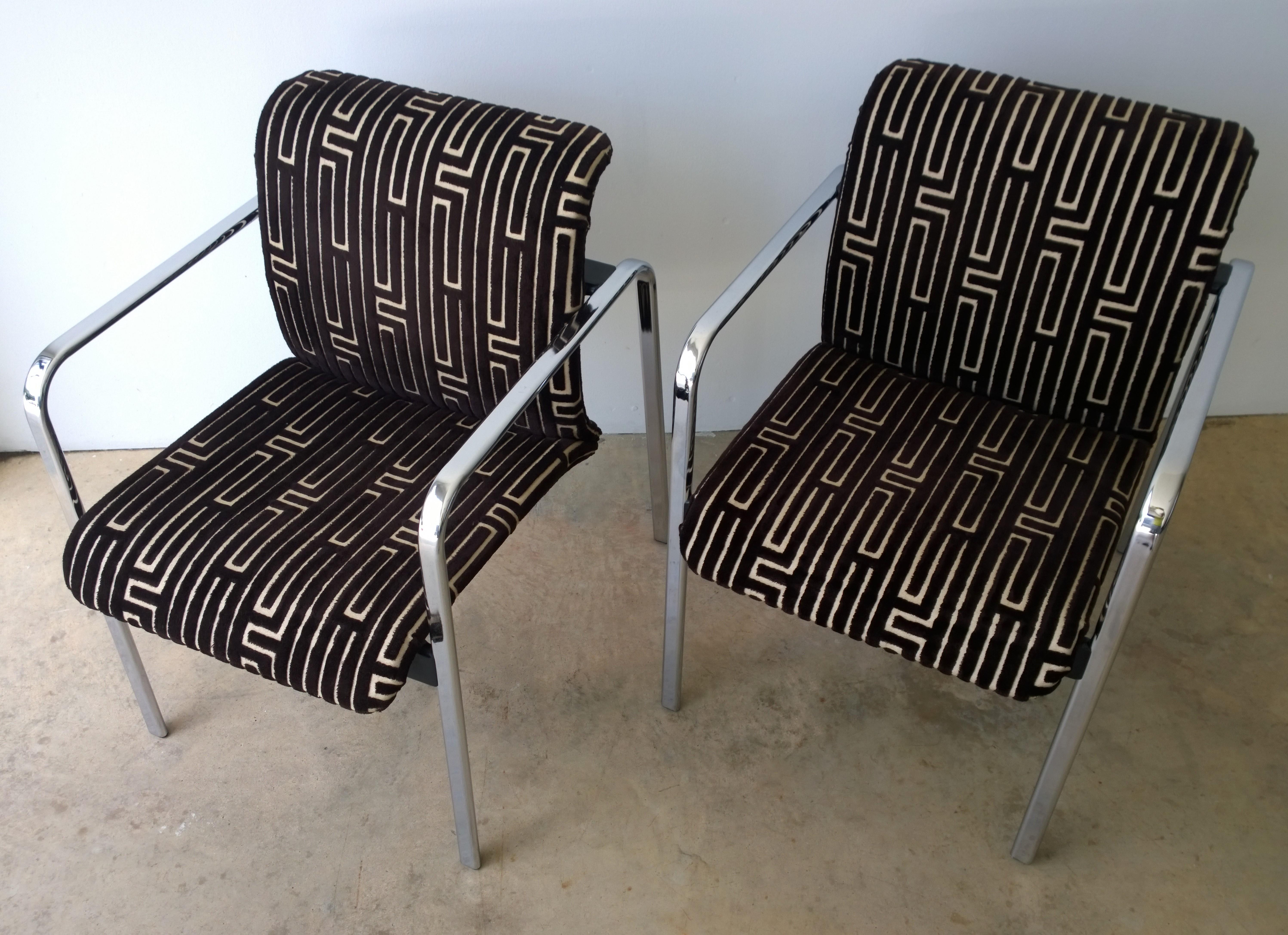Mid-Century Modern Herman Miller Chrome, Black Rubber with Brown & Tan Burnt, Out Velvet Armchairs