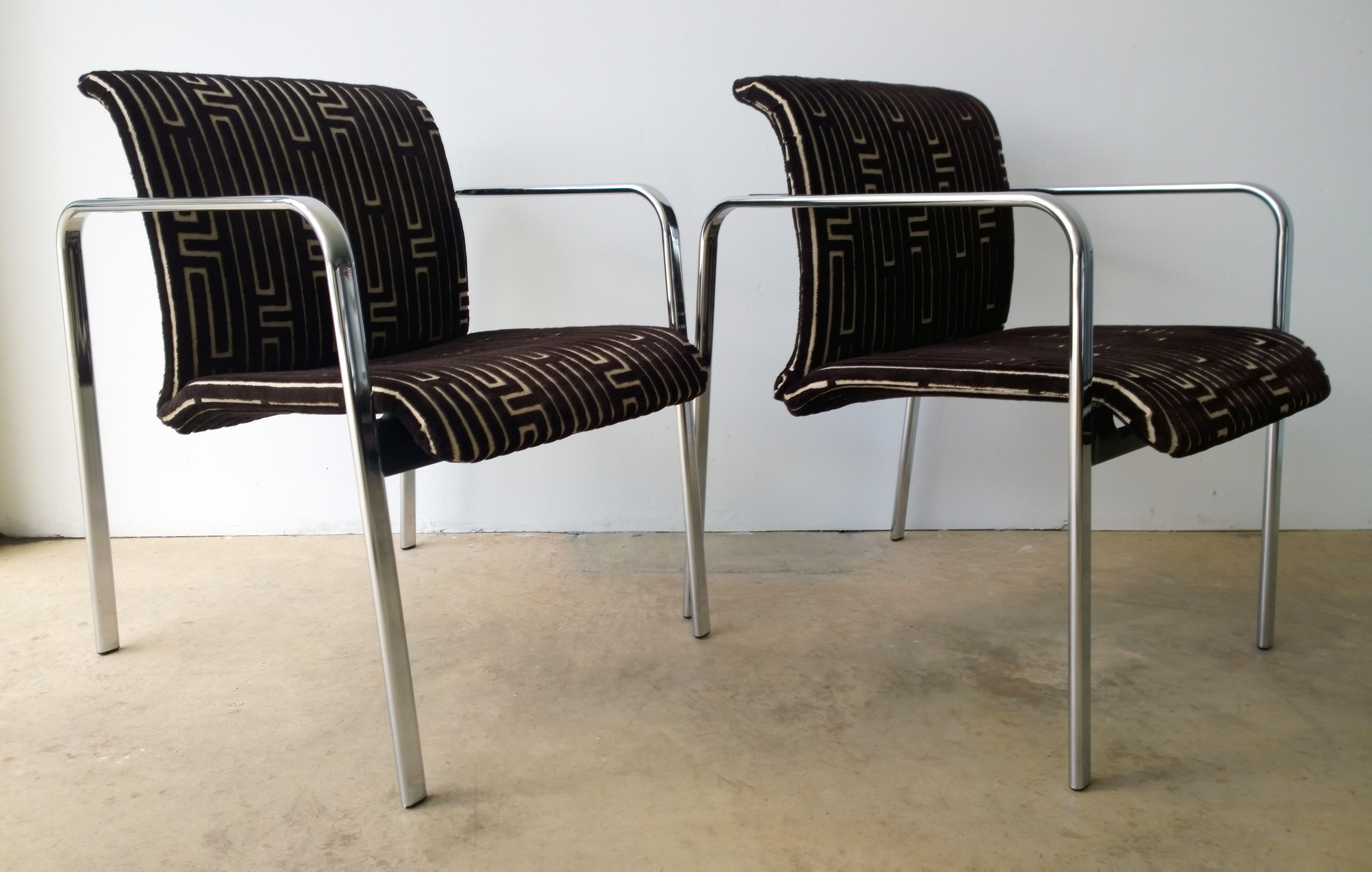 Herman Miller Chrome, Black Rubber with Brown & Tan Burnt, Out Velvet Armchairs In Good Condition In Houston, TX