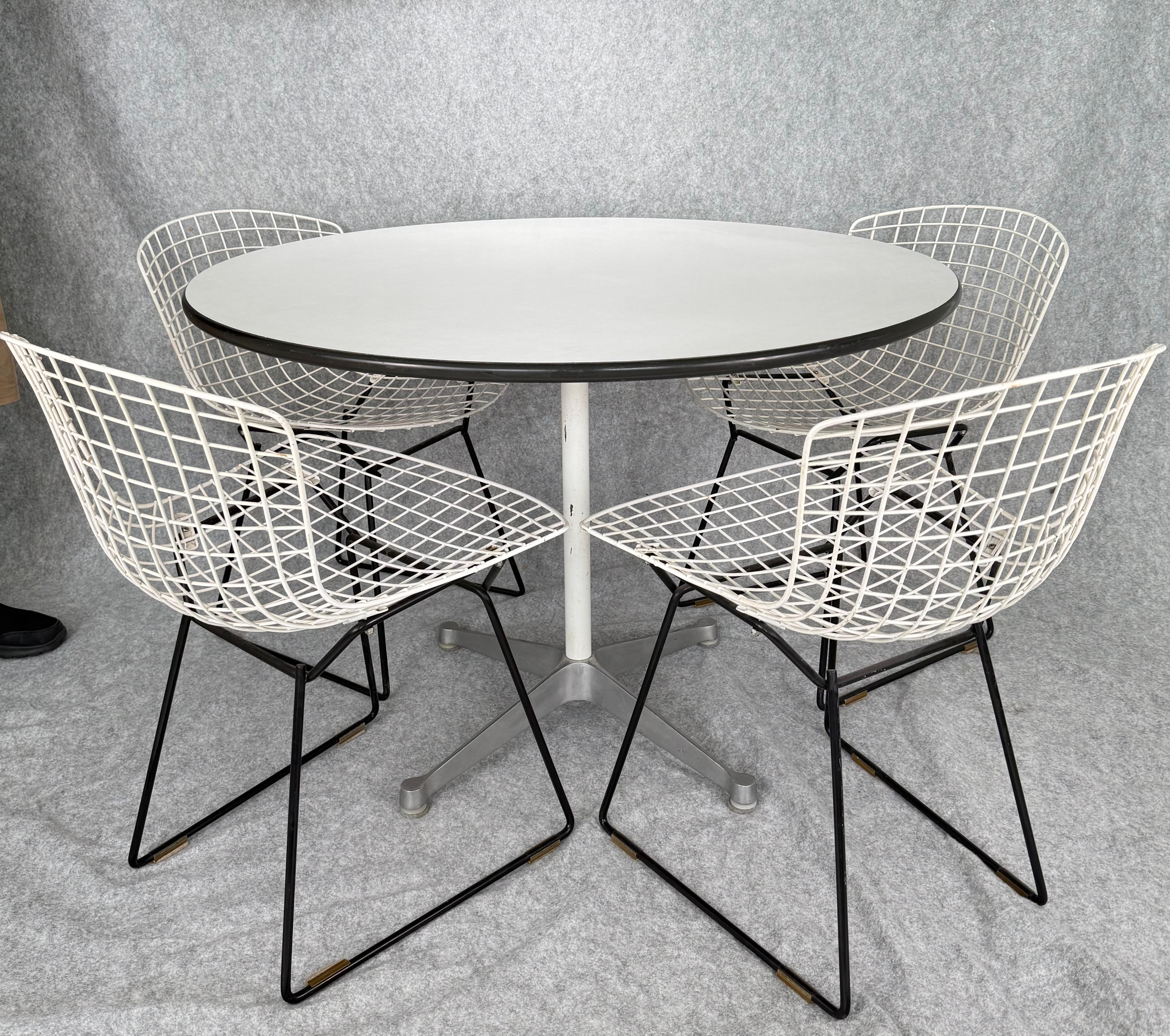 Suchen Sie nicht weiter!  Dieses Set aus 4 Bertoia-Stühlen und einem Herman Miller-Tisch im klassischen Stil der Jahrhundertmitte ist eine zeitlose Ikone des modernen Designs und eignet sich vielseitig für Esszimmer, Kreativstudios, stilvolle