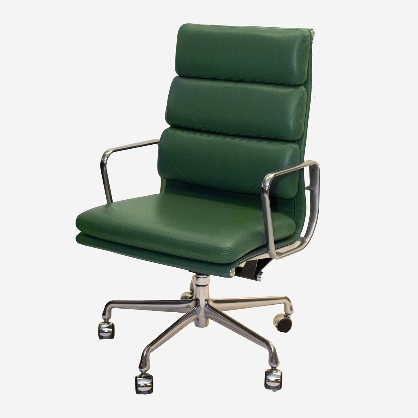 Authentic Herman Miller Eames Tall Executive Soft Pad  Olive Green Leather Chair. These chairs designed by Charles and Ray Eames are the epitome of the concept 